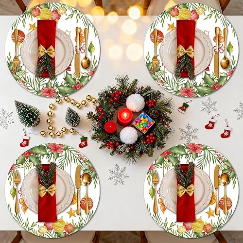 Miniatura 6 de Tarklanda Juego de 6 manteles individuales de Navidad, redondos de 13.4 pulgadas, lavables, de vinilo, bolas de Navidad, manteles individuales de