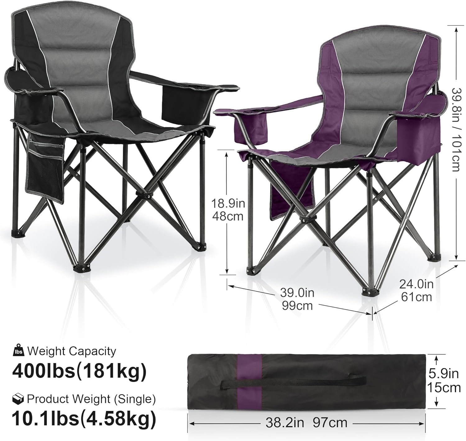 2 Pack Padded Oversized Camping Chairs for Adults,Heavy Duty Support 400 Lbs,Folding Portable Lawn Chair w/Cup Holder,Cooler Bag,Side Pocket,Perfect for Outdoor Picnic,Hiking(Purple&Black) - Image 3