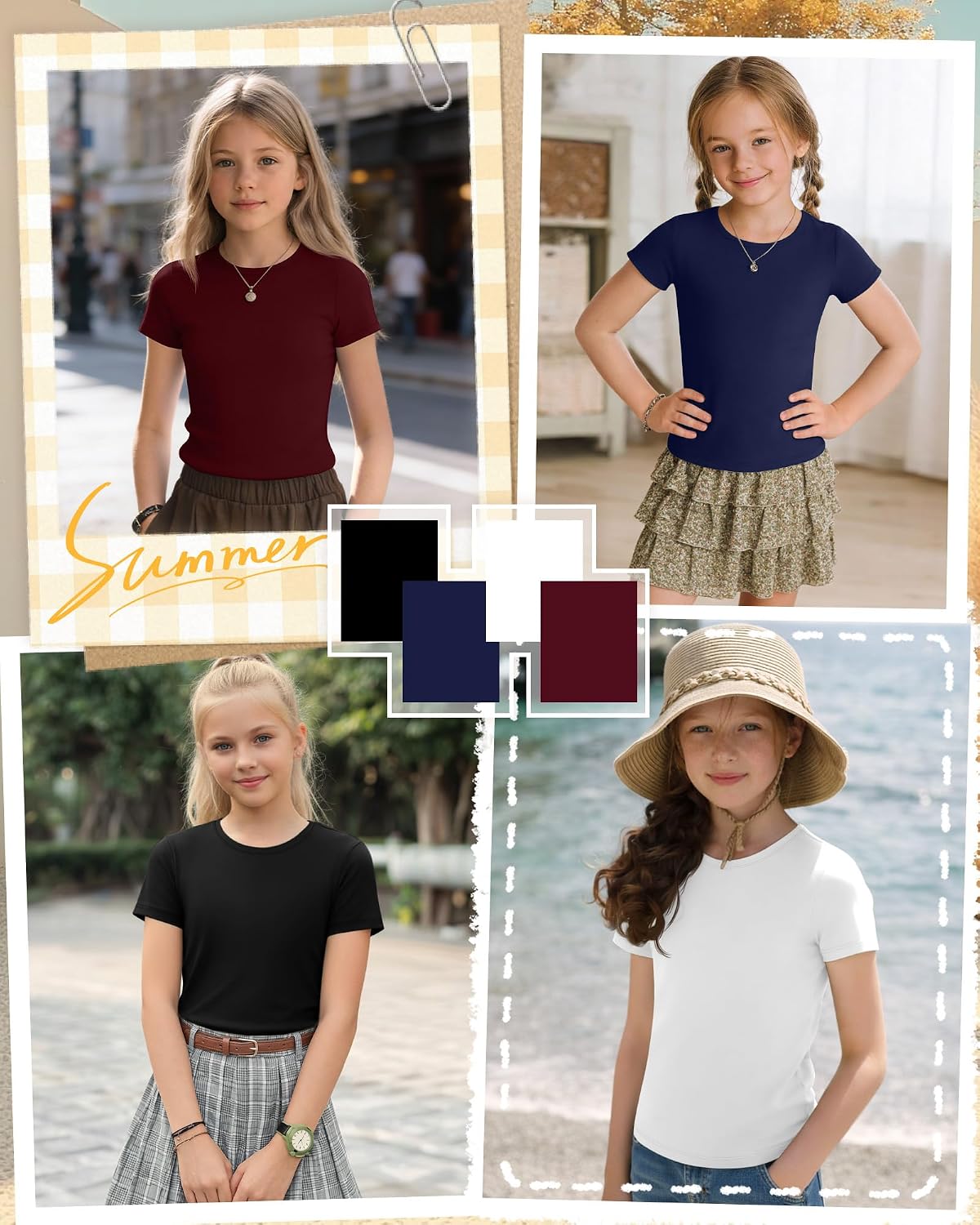 4 Pack Girls' Shirts Basic Short Sleeve Fitted Crew Neck Tops Slim Fit Casual Summer Layering Tees 5-14 Years