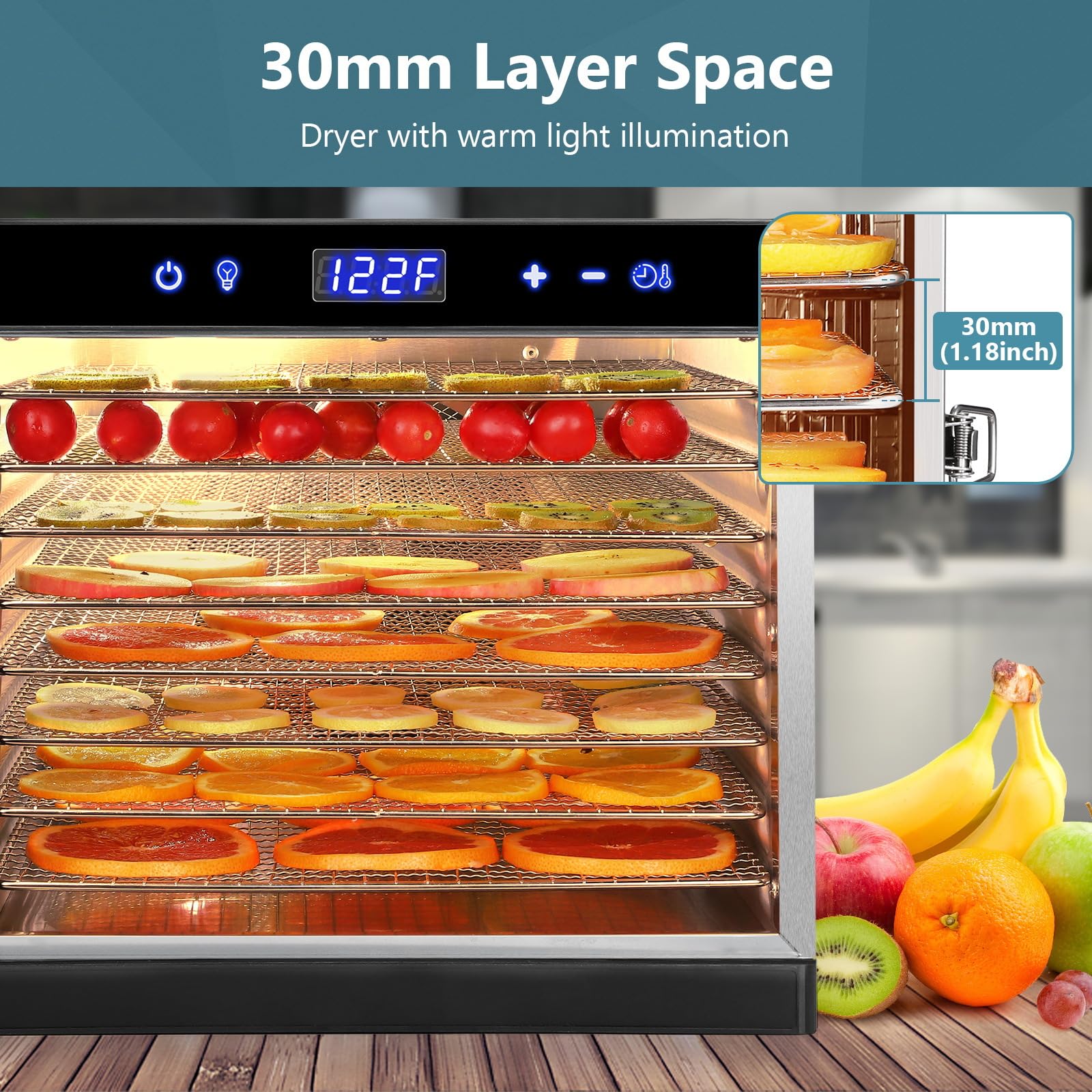 Komercyjna suszarka do żywności 8 tacek 1000 W, regulowany regulator czasowy i regulacja temperatury, suszarka ze stali nierdzewnej do suszonego mięsa, ziół, wołowiny