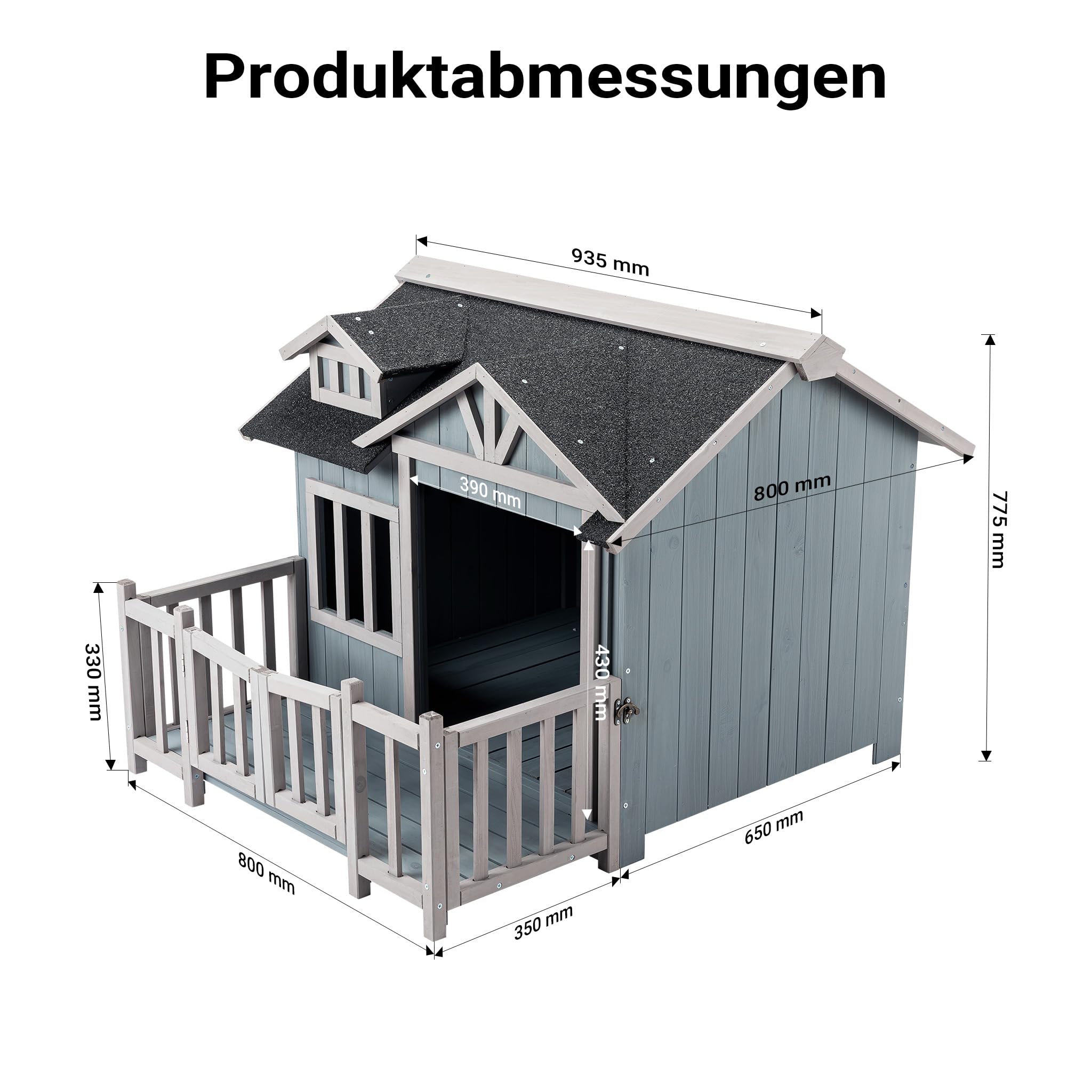Wiltec Luxus XL Hundehütte 93,5 x 77,5 x 70 cm, grau weiß, Hundehaus aus Holz mit Veranda, Hundehöhle Outdoor für Balkon Garten Terrasse