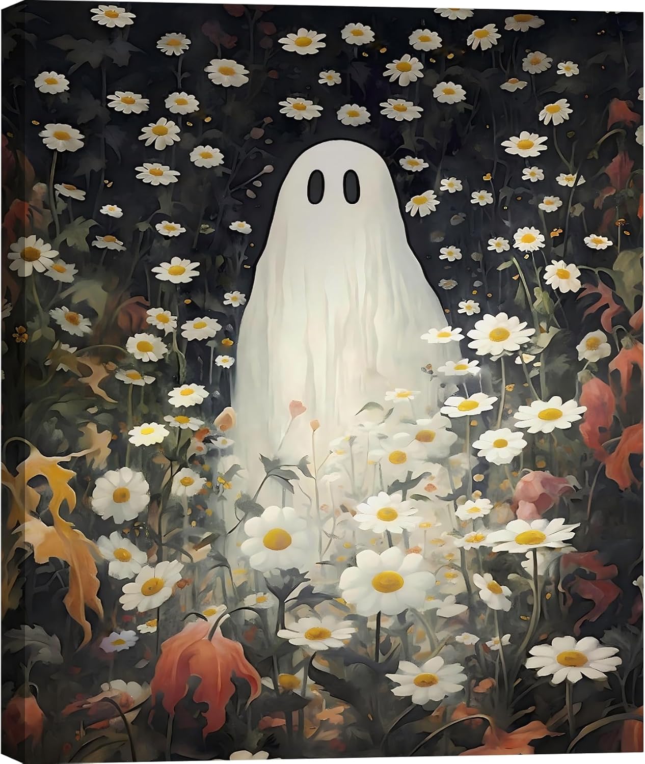 FLZYKGPA Fall Floral Canvas Poster, Dark Romantic & Spooky Wall Decor, Daisy-Covered Ghostly Wall Art for Living Room, Bedroom, Halloween Decoration, Halloween Pictures Home Decor, 20x30 Inch