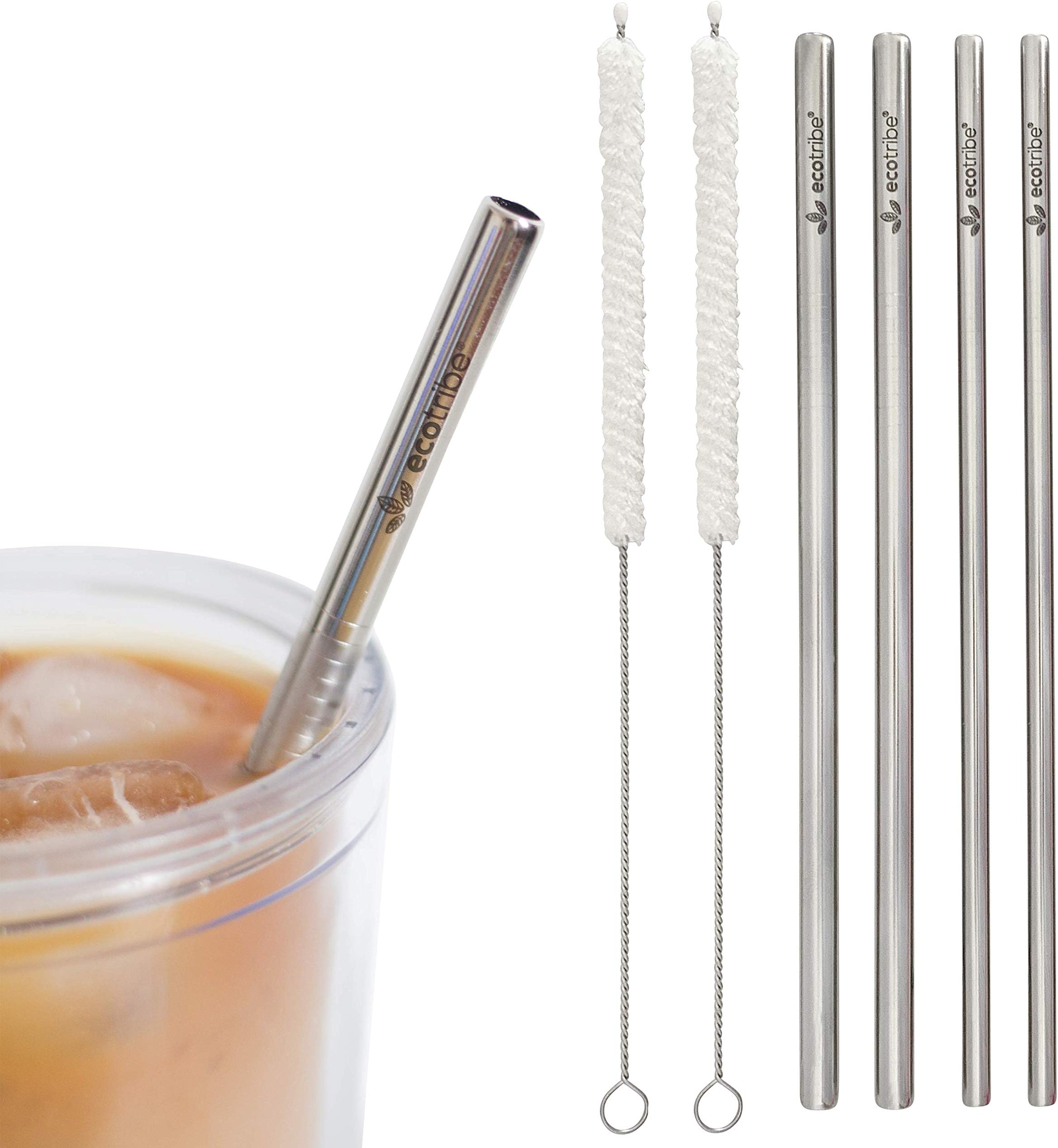 Reusable Metal Stainless Steel Straws: Replacement Set. 4 Reusable Straws + 2 Cotton Cleaning Brushes for Hot and Cold Drinks, Portable for Travel & Personal Use, 8.5 inches, by Ecotribe