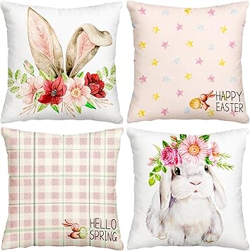 Easter Pillow Covers, 18x18 Inch Set of 4 Happy Easter Hello Spring Bunny Floral Throw Pillow Covers