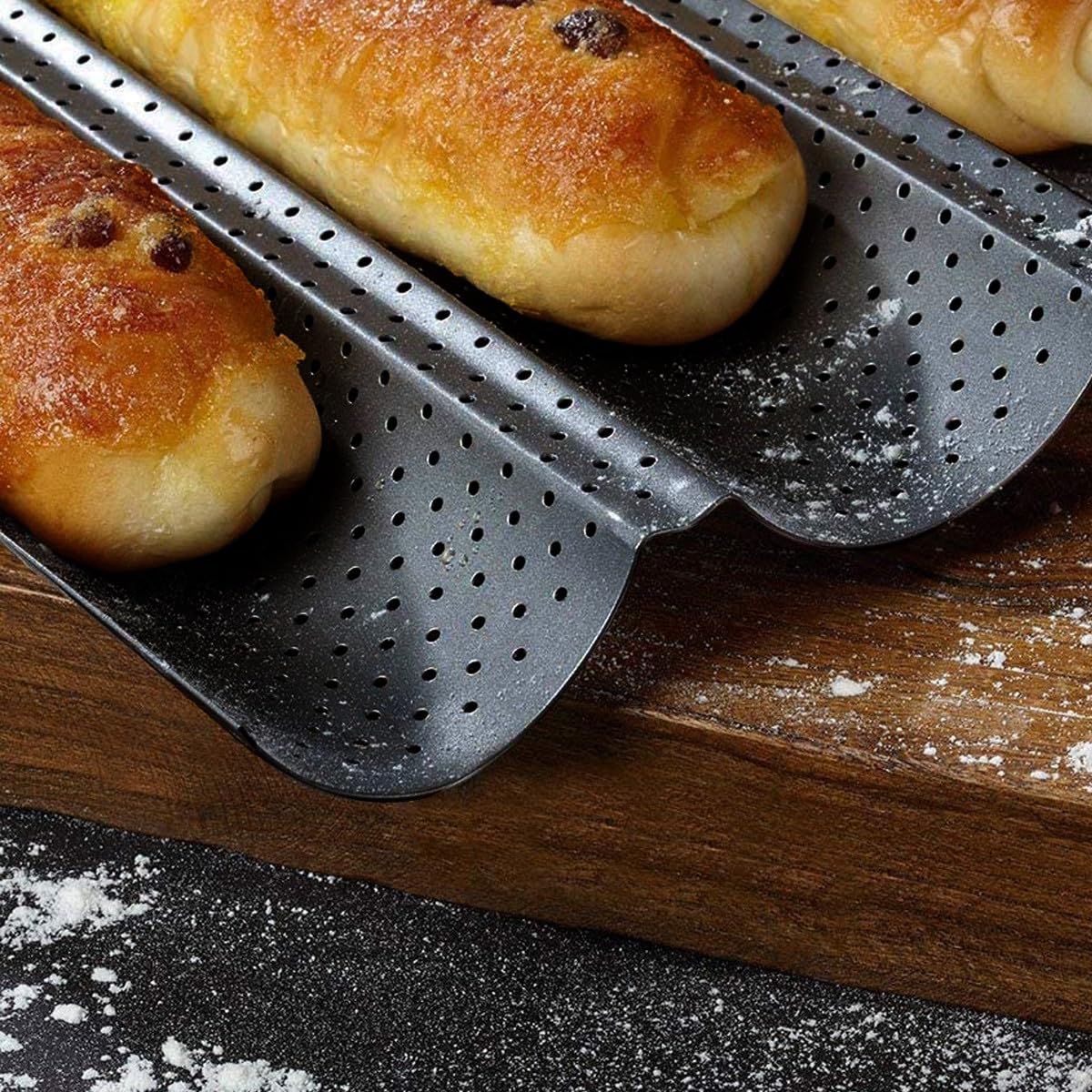 Plaque à Baguettes 2 Moules, Moule Pain Français Perforé et Antiadhésif, Gouttière de Cuisson Vague pour Mini Baguette Maison, Accessoire de Boulangerie Noir Tôle Acier