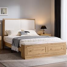 ACCOHOHO Queen Bed Frame w/Upholstered Headboard,Storage Bench,Natural Oak