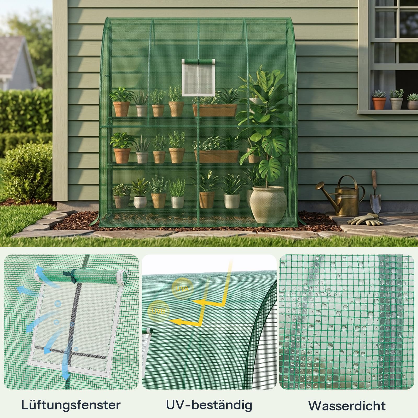LARMNEE Wandseitiges Gewächshaus, Tomatengewächshaus mit 2 Rolltüren, 200 x 100 x 210 cm, PE Foliengewächshaus, Tomatenhaus für Blumen, Gemüse und Pflanzen, Balkon, Garten und Terrasse, Grün EGN72GH02