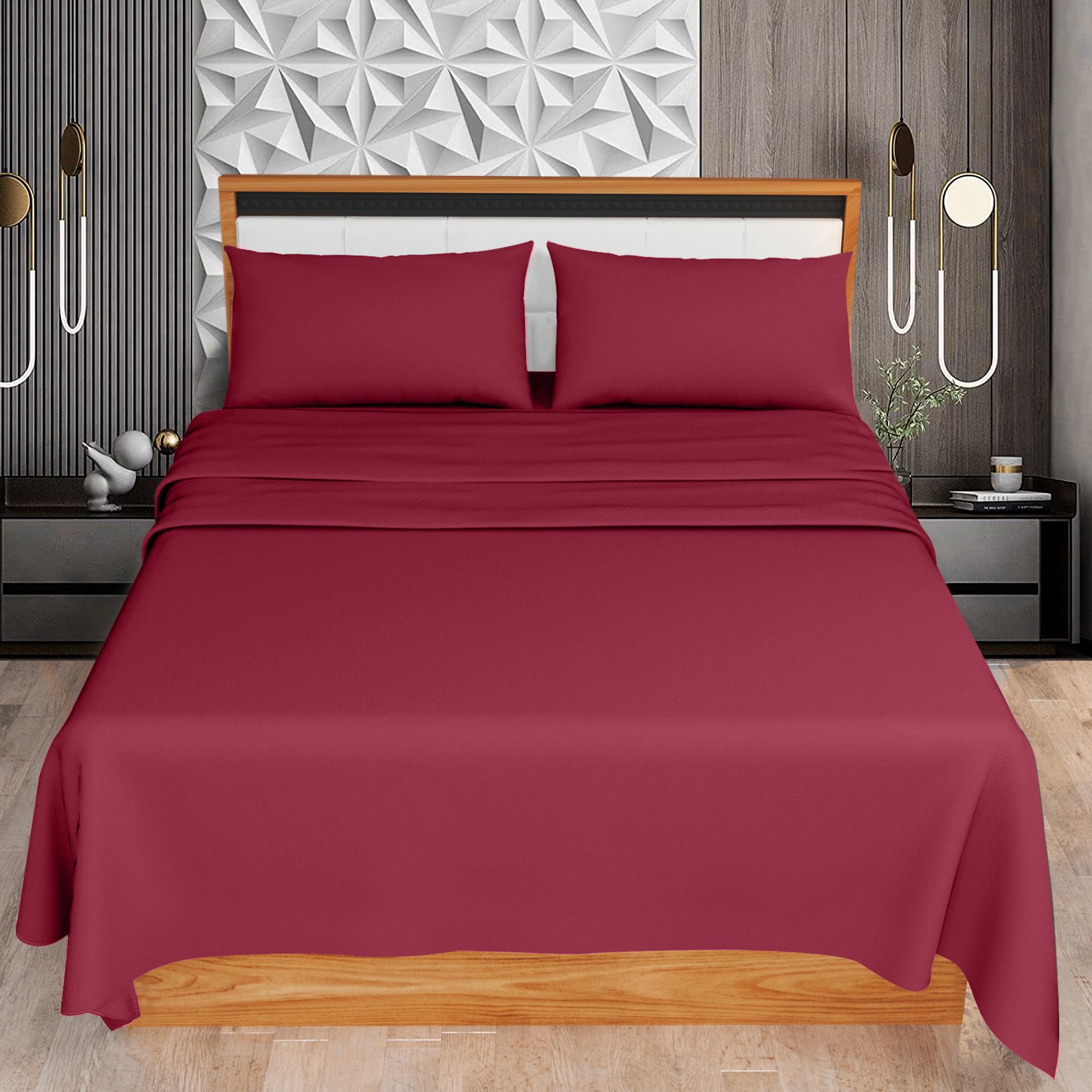HOME ACE Red Double Sheet Set (Fitted Sheet + Flat Sheet + Pillow Case) - Easy Iron Polycotton Double Bed Sheet Set - 100% Poly Cotton Sheets Set Double Bed