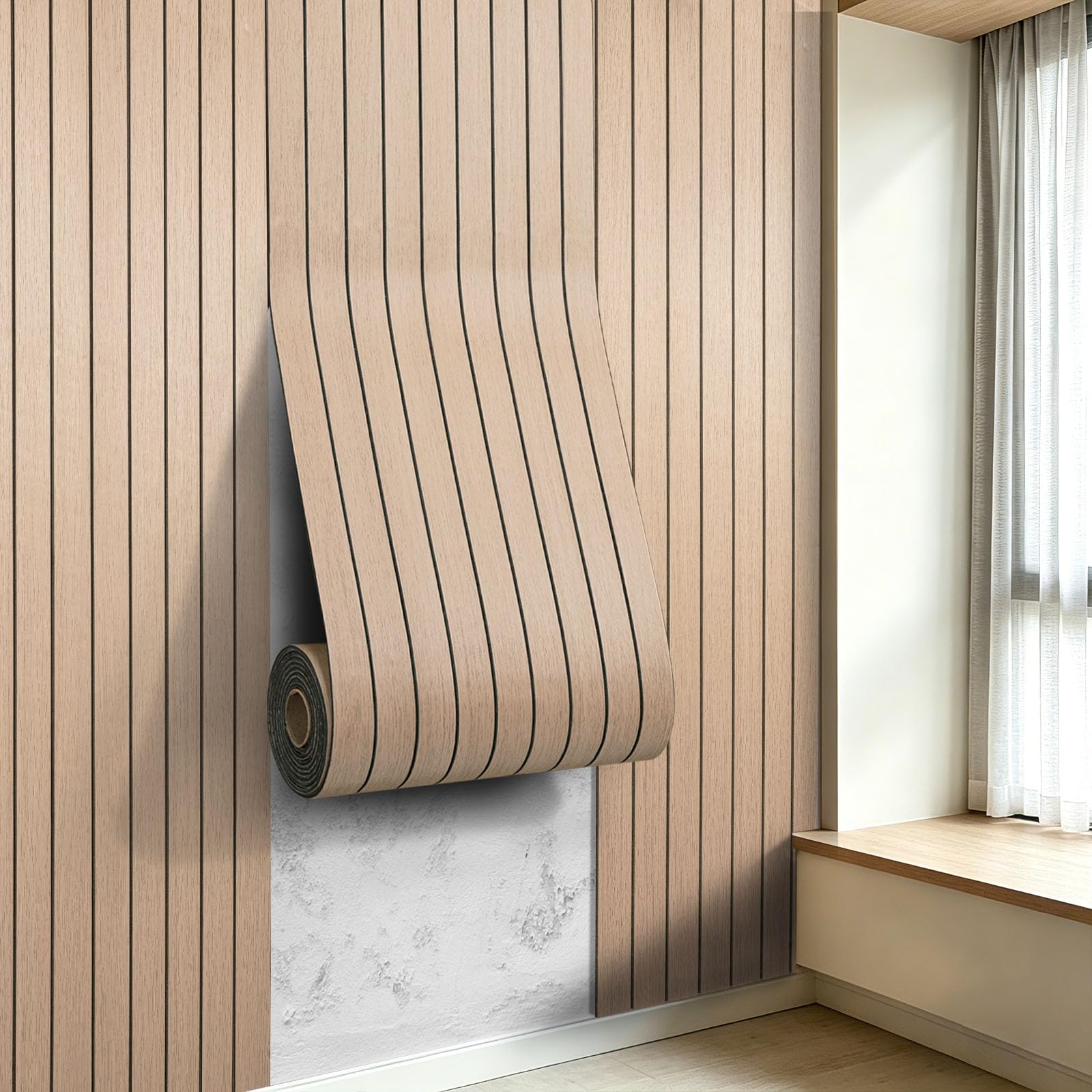 LOVADA 3D Peel and Stick Wall Panels PVC Grille Slat 120"x15.8" 310x40cm Self-Adhesive Wall Sticker Soundproof Paneling for Walls and Ceiling in Faux Oak Wood Grain Texture