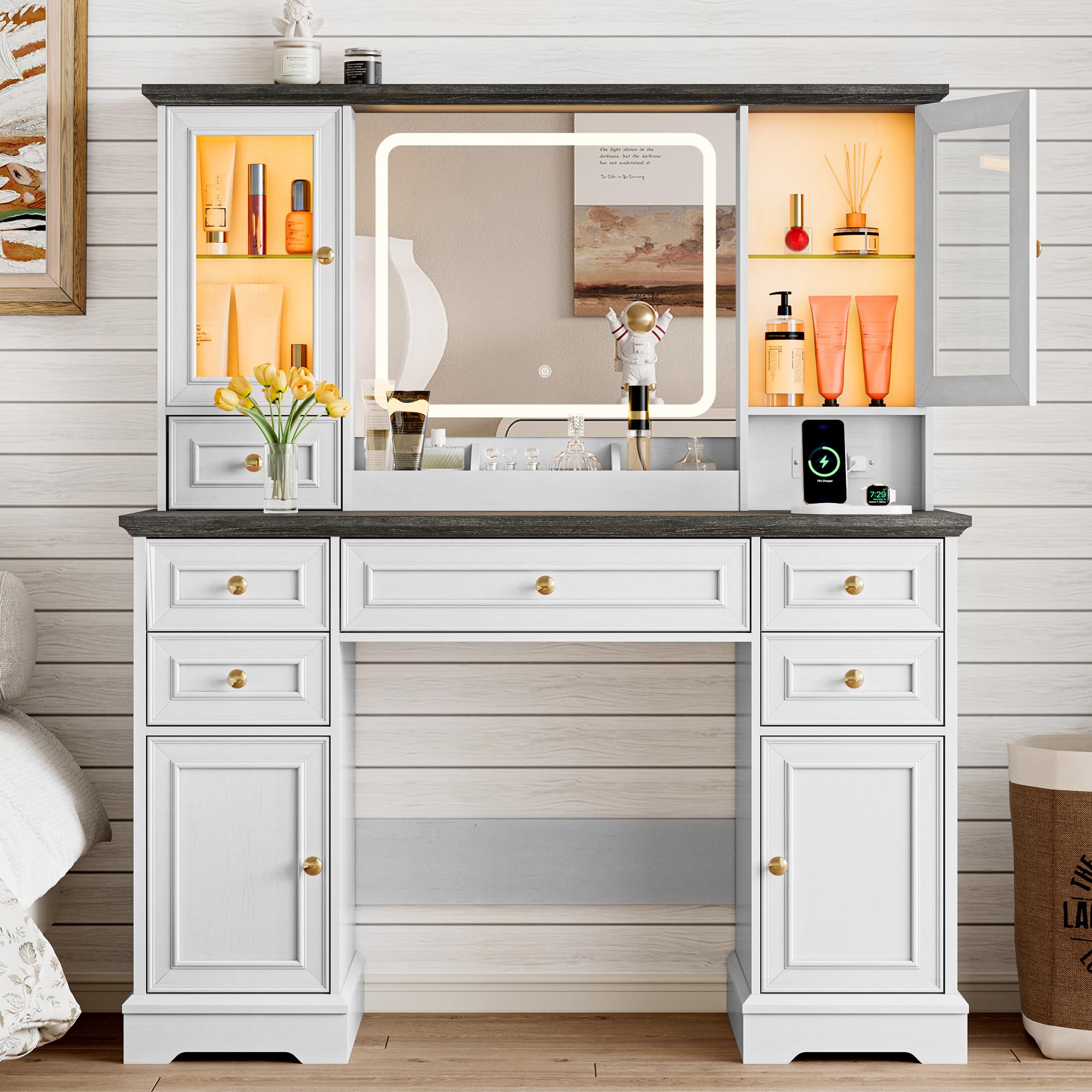Vanity Desk with HD Lighted Mirror & Power Outlet, Farmhouse Makeup Vanity Table Set with Storage Drawers & RGB Cabinets, Large Dressing Table with 3 Lighting Modes for Women Girls Kids Bedroom, White