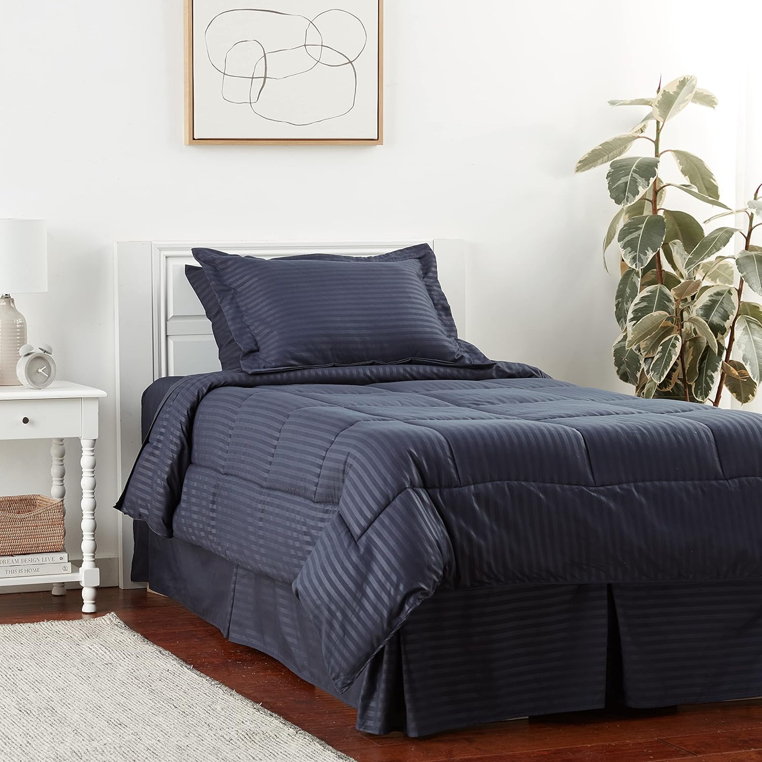 Twin Comforter Set 6 Piece Bed in a Bag with Bed Skirt, Fitted Sheet, Flat Sheet, 1 Pillowcase, and 1 Pillow Sham, Twin, Dobby Navy