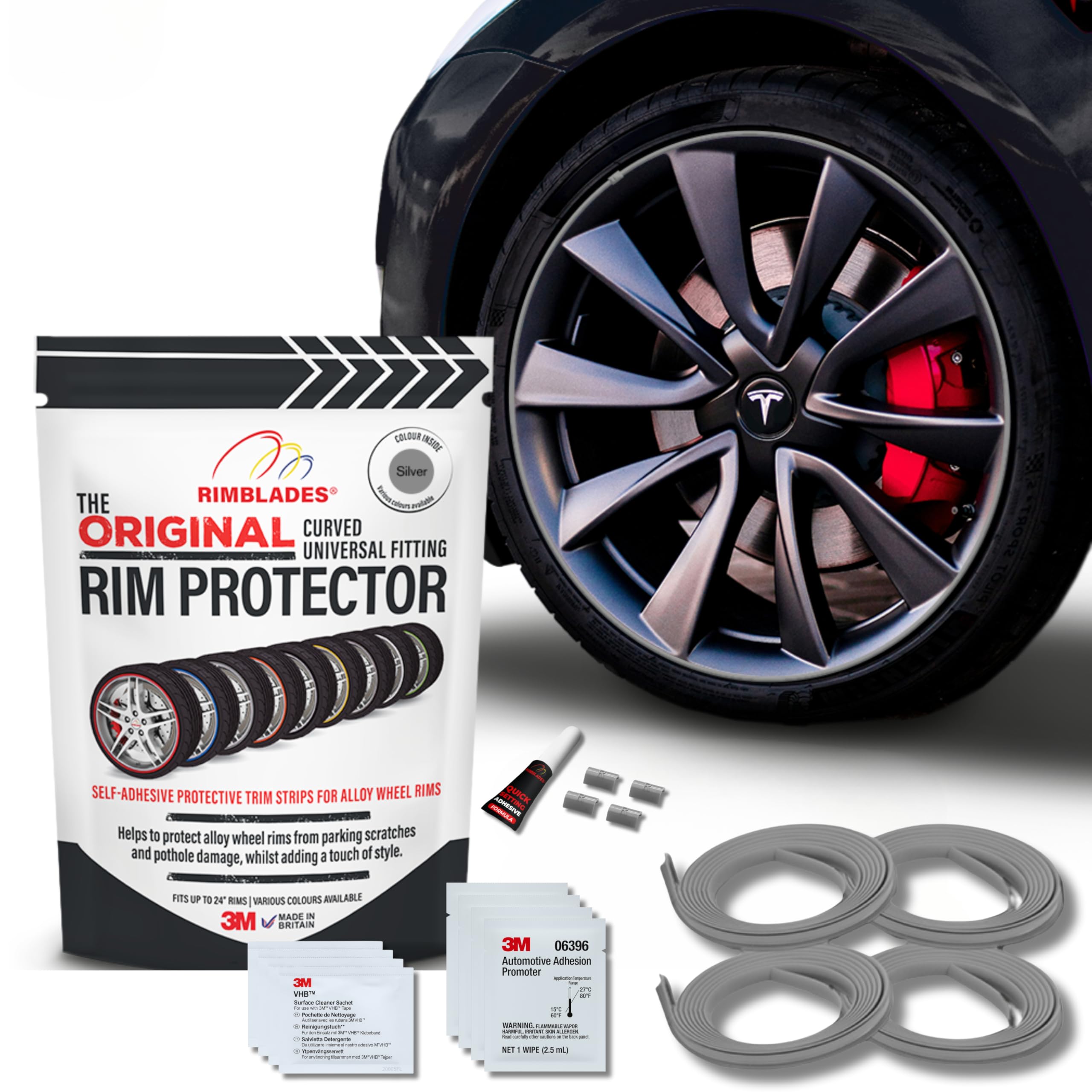 Original Silver Alloy Wheel Protectors - Fits Up to 24” x 4 Wheels | For Curved/Round Edge Wheels | 9 Colour Options | Easy DIY Fit | Car Exterior Accessory