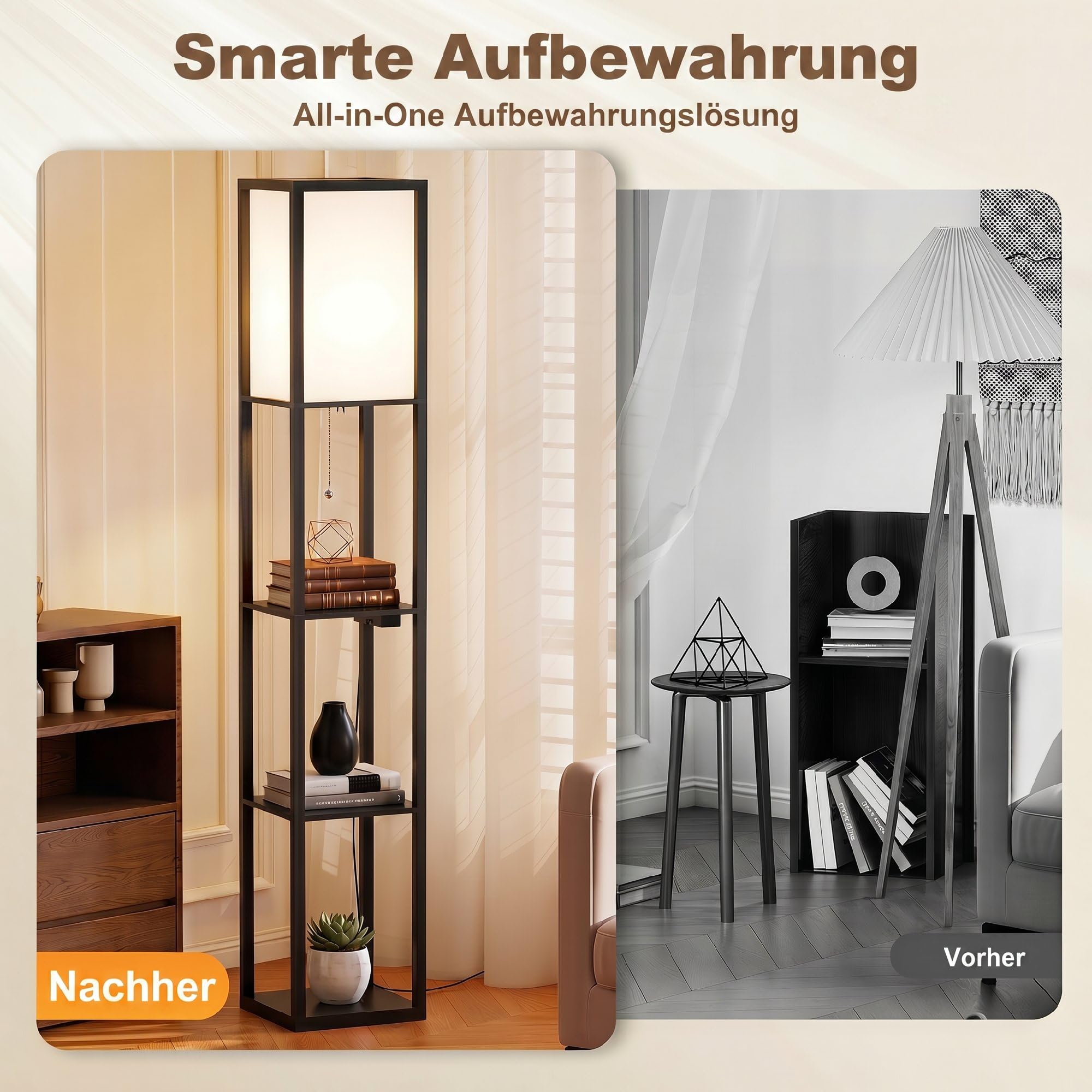 HOMCOM LED Stehlampe mit Regalen, Wohnzimmer Stehleuchte mit E27 Schwarz | Fassung bis 40W, USB-Anschlüsse, Standleuchte, Lampenschirm aus Acryl, für Schlafzimmer, Arbeitszimmer, Büro