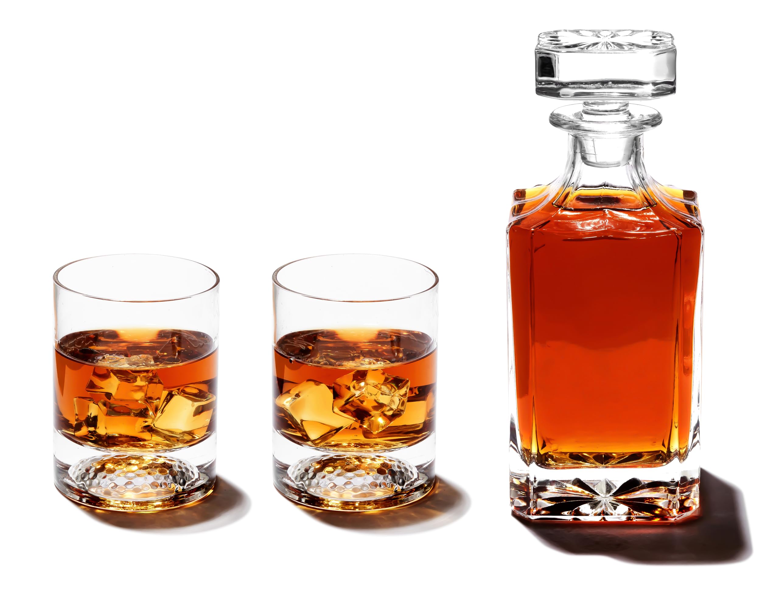 Sili Wraps Golf Whiskey Set, Glass Decanter with a Set of 2 Double-Wall Golf Glasses, 700 ml Whiskey Decanter & 10 oz Cups, Golf-Themed Sets for Men