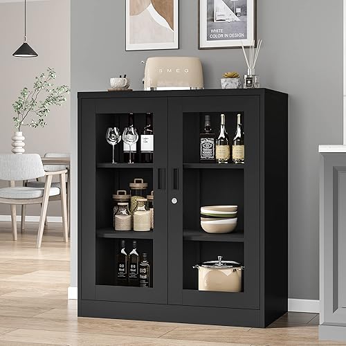 Miniatura 20 de Vitrina con cerradura con puerta de cristal, gabinetes Curio de metal de 71 pulgadas de alto con estantes ajustables, vitrina de licor blanco para