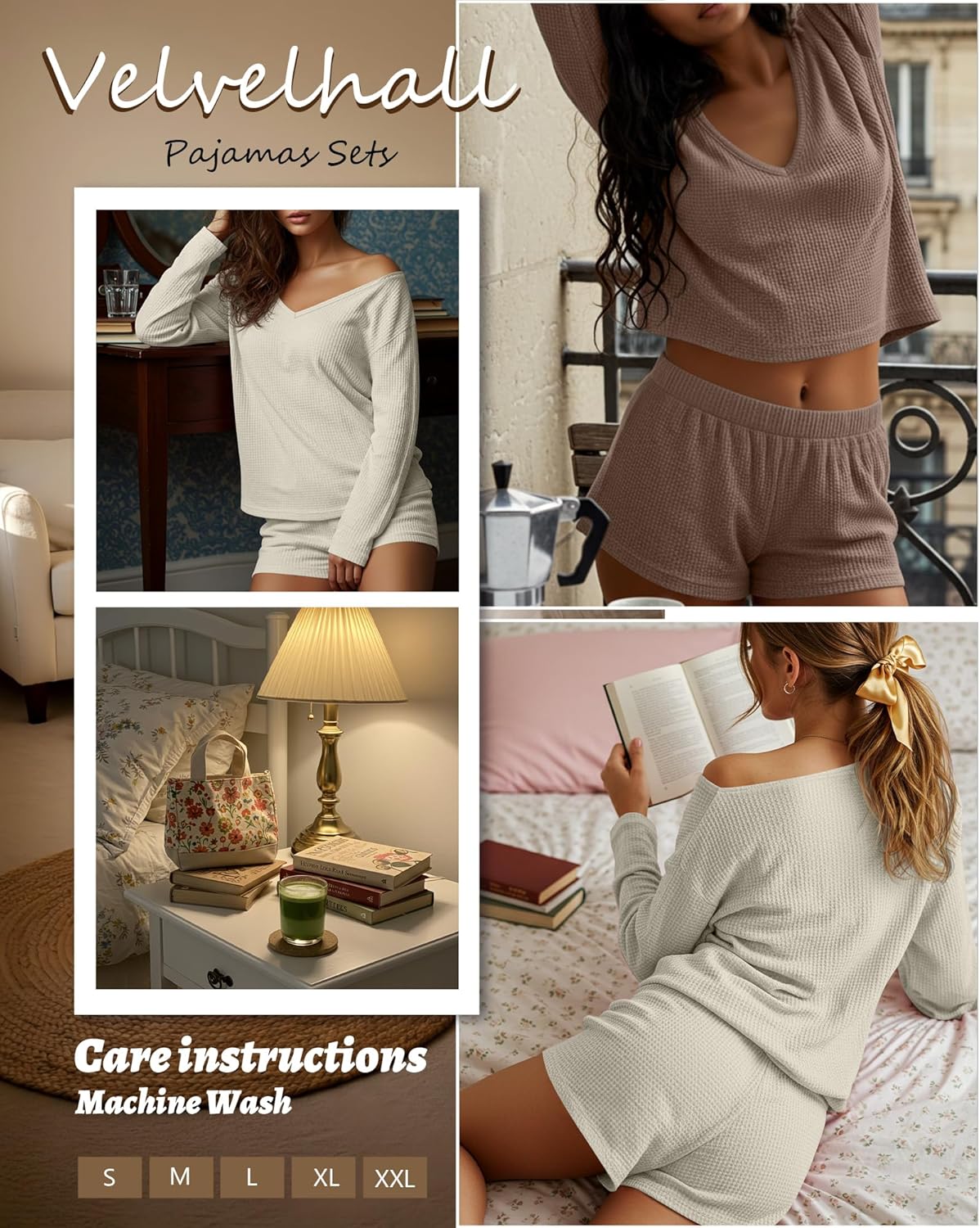 2 Pack Women's Waffle Knit Pajama Sets V Neck Long Sleeve Top and Shorts Lounge Set Loungewear with Pockets - Image 5