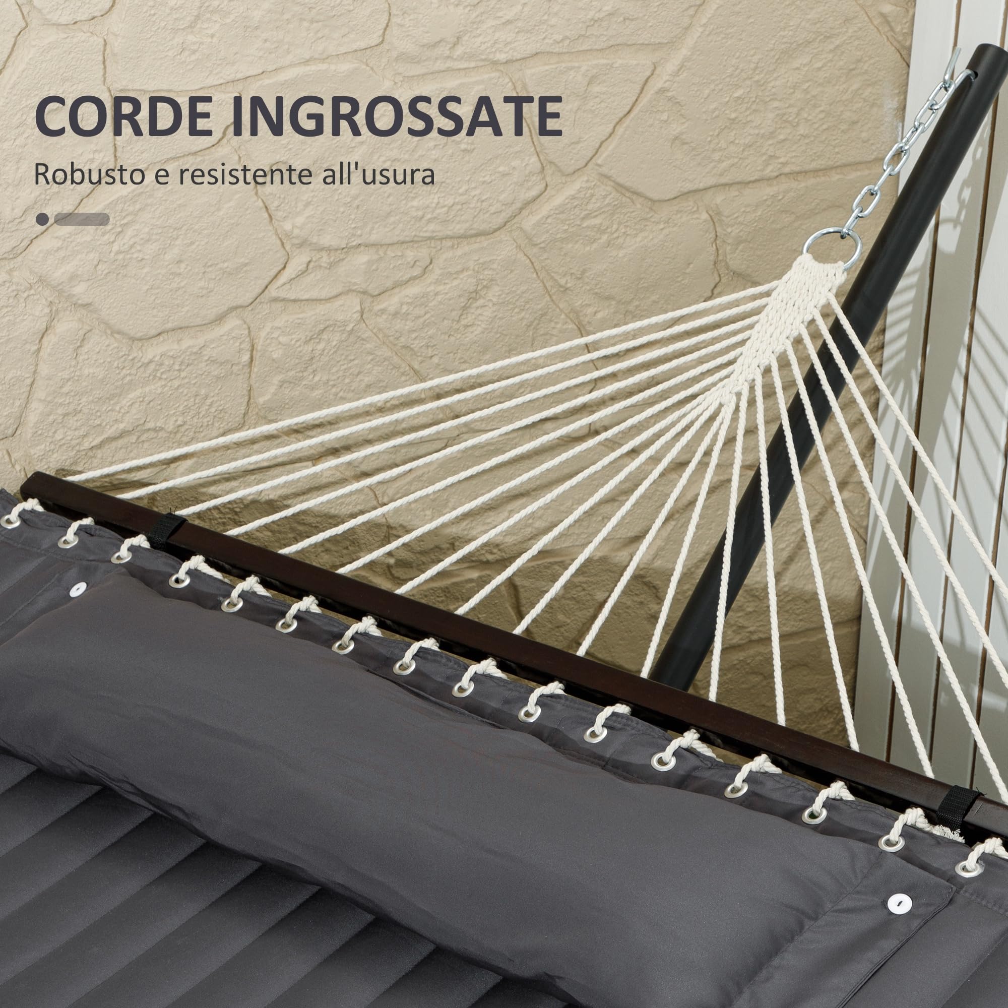 Outsunny Amaca da Giardino Portatile con Struttura, Cuscino Integrato e Corde di Sicurezza, Amaca Sospesa in Cotone, Poliestere e Acciaio, Portata Fino a 150 kg, 368x93x110 cm, Grigio Scuro