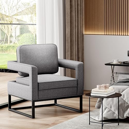 Miniatura 11 de Alunaune Sillón de tela moderna negra para sala de estar, silla decorativa de mediados de siglo, respaldo tapizado, silla de descanso, cojín de