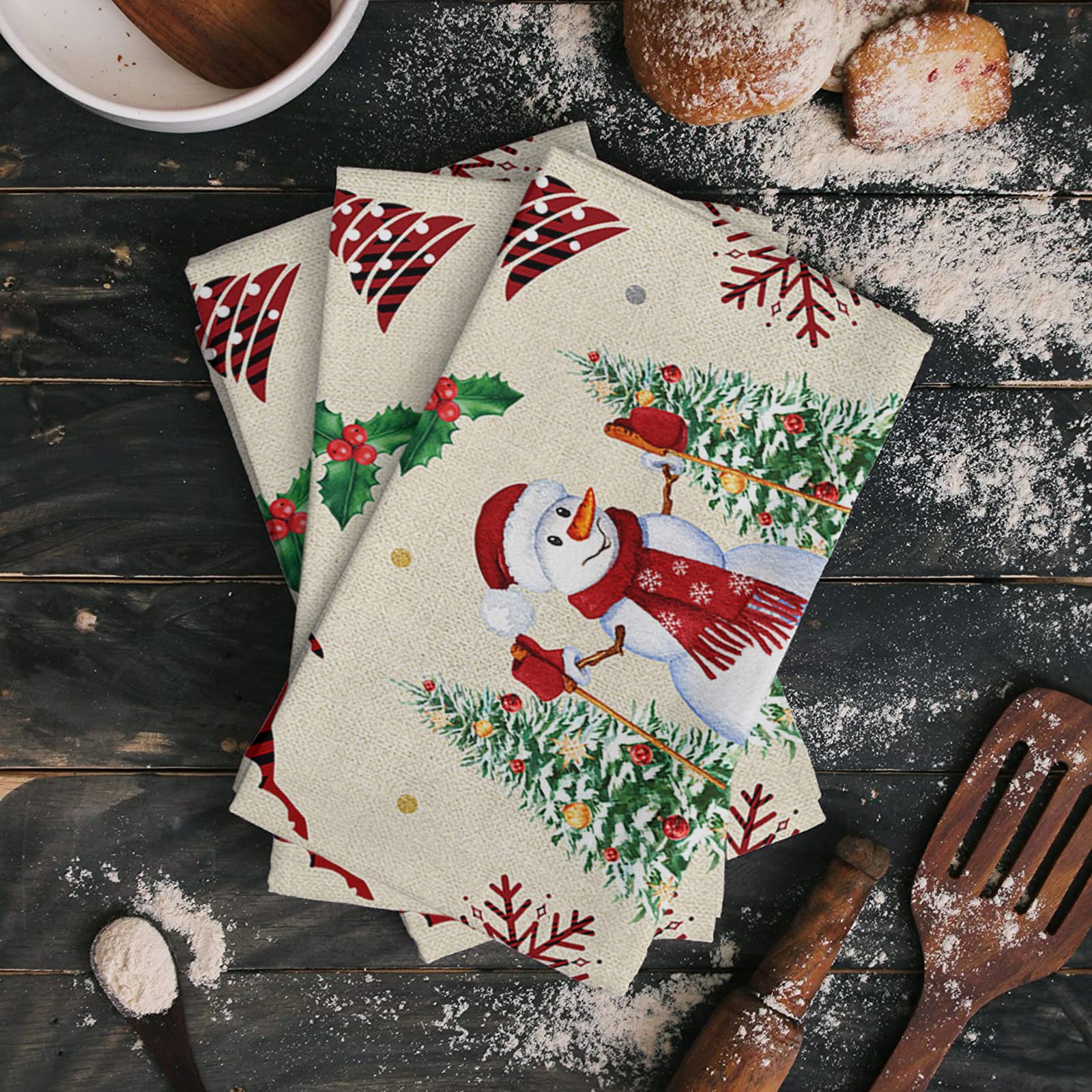 Juego De 2 Paños De Cocina Navideños - Con Diseños De Papá Noel, Muñeco De Nieve Y árboles - Decoración Práctica Para Navidad