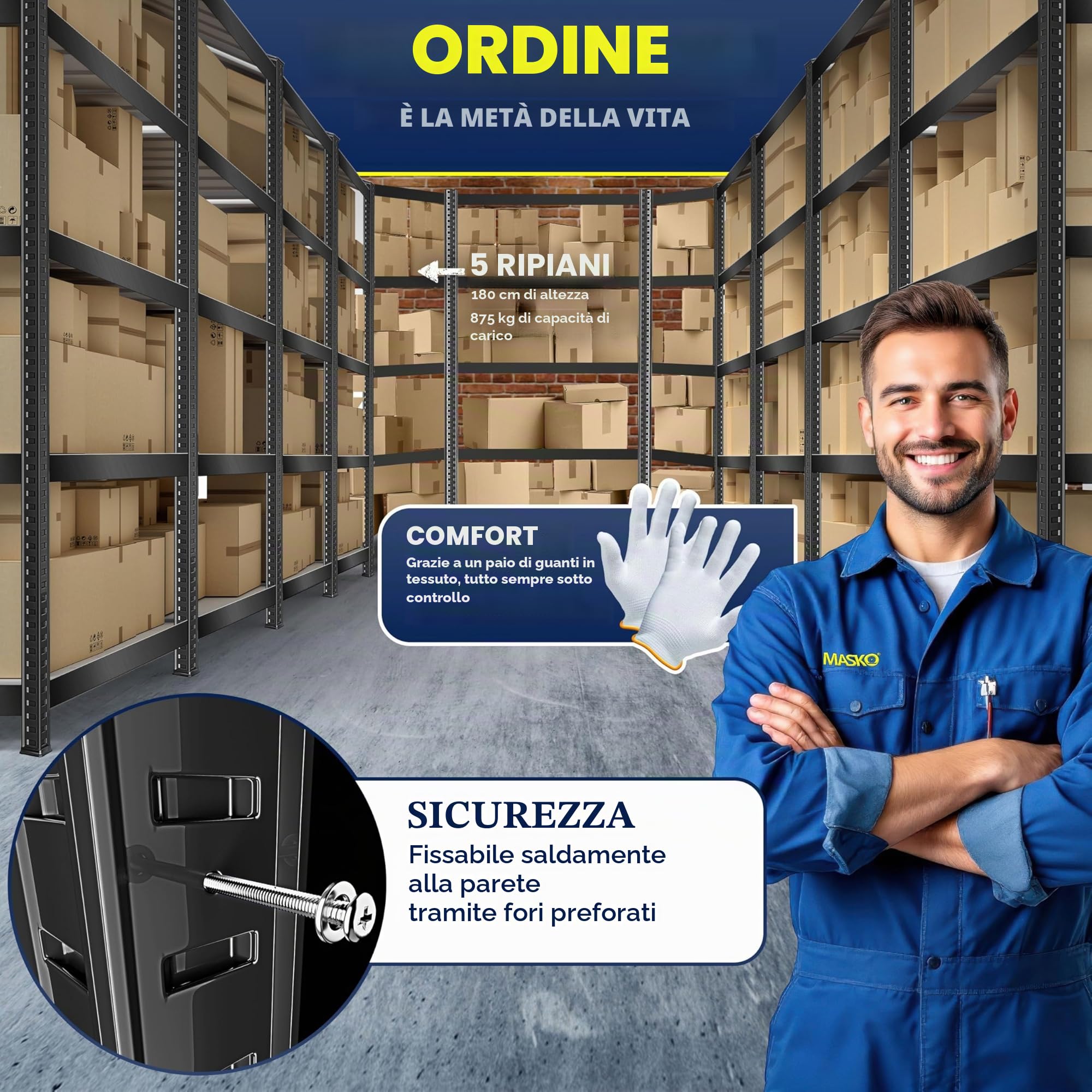 MASKO® Scaffale Angolare, Scaffale di Stoccaggio, per Carichi Pesanti, 180x75x40cm, fino a 875 kg, 5 Ripiani Regolabili, MDF in Metallo, Nero