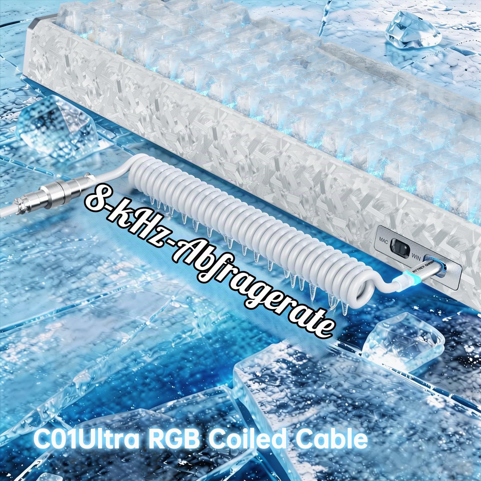 ATTACK SHARK R68 HE 8000Hz Rapid Trigger Tastatur, 0,005mm RT Genauigkeit, kabelgebundene Gaming-Tastatur, Carbonfaser-Oberfläche & Tasten, CNC-Aluminium-Seiten, RGB, C01 Coiled Kabel, Ice Ninja