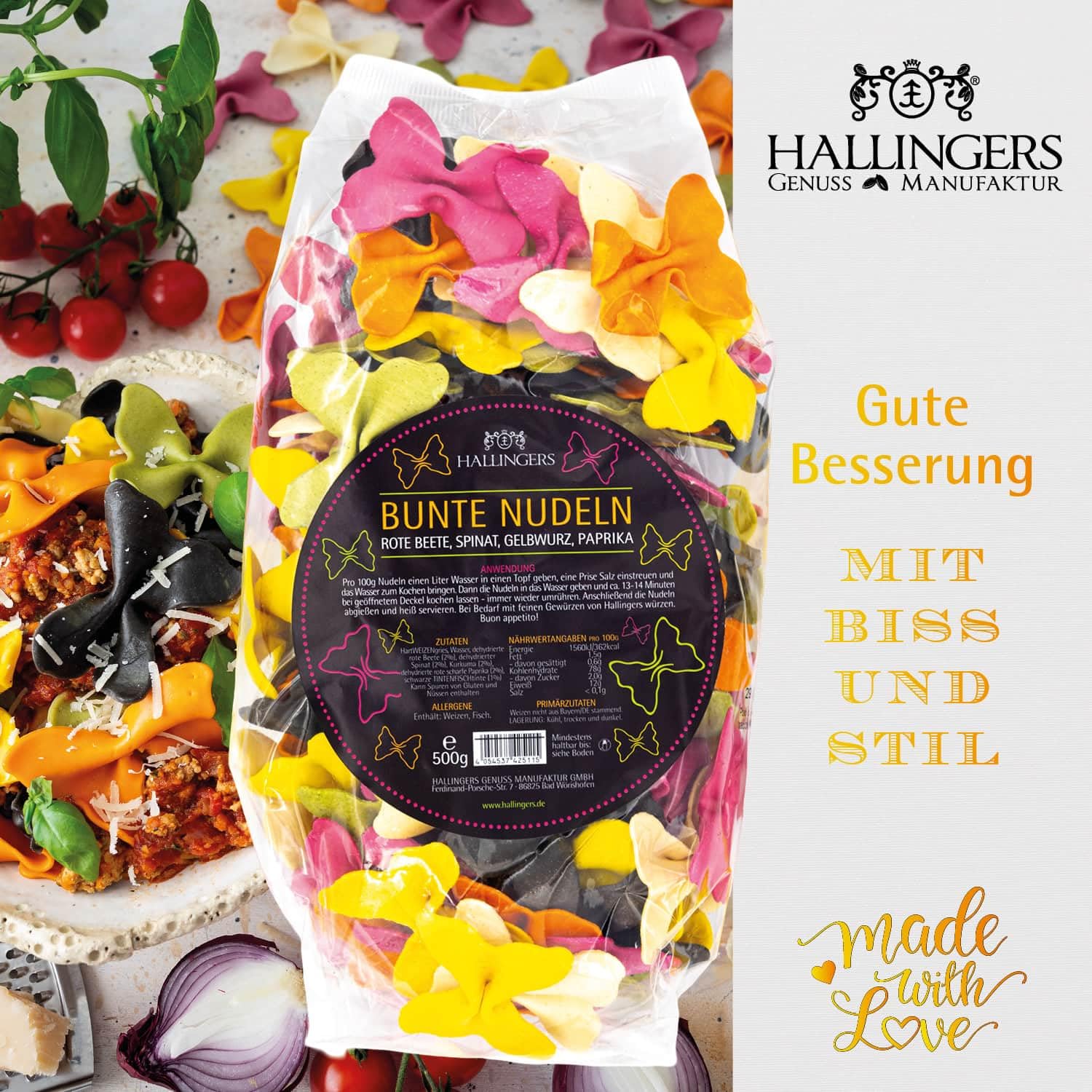 Hallingers Genuss Manufaktur Feinkost Geschenk-Set - XXL-Geschenkkorb "Gute Besserung" großer Genesungsgruß Bunte Nudeln, Tee, Pralien, Badezusatz, Nougat & mehr, Geschenkidee für Frauen Männer
