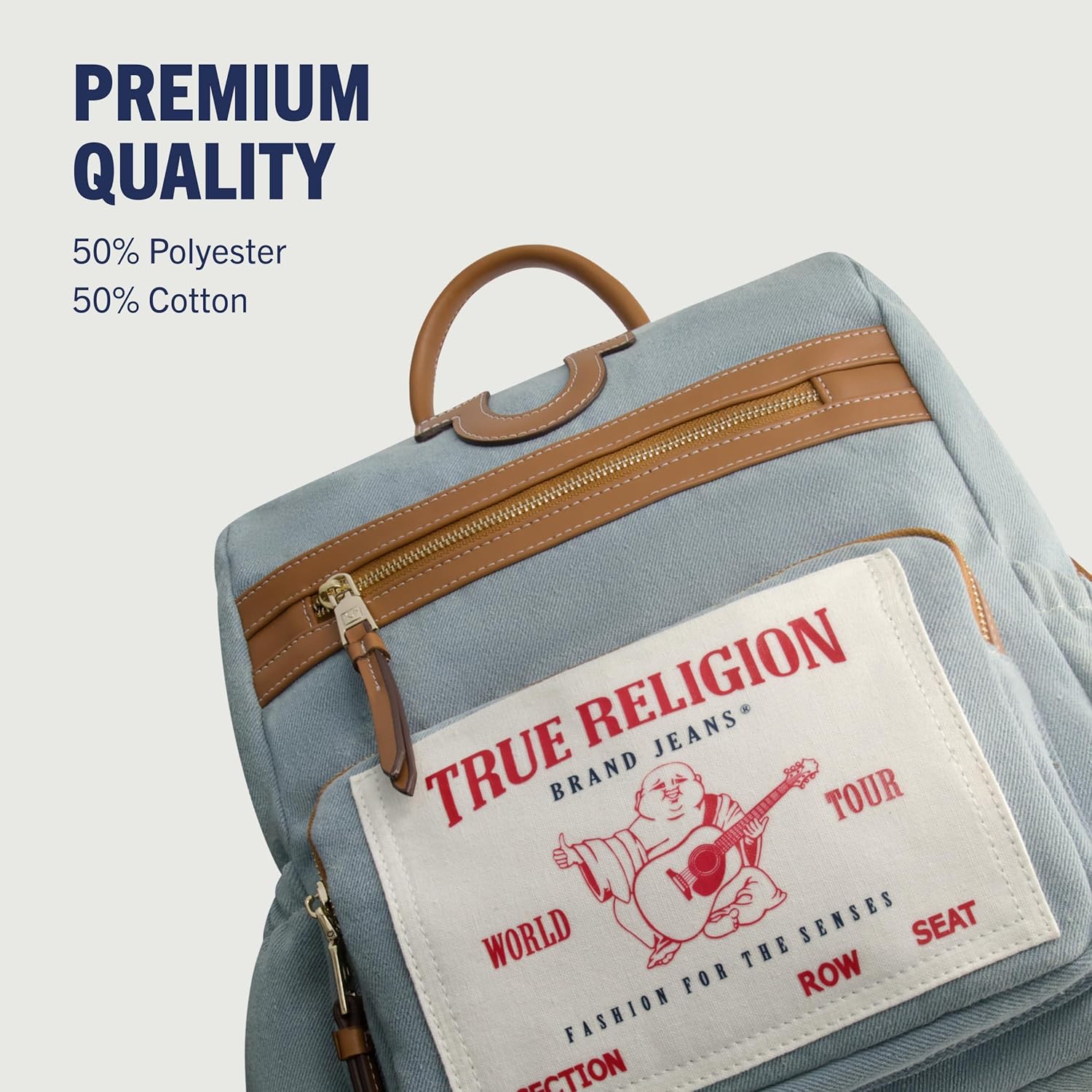 True Religion Backpack, Buddha Patch Bag with Horseshoe Logo and Zip Pocket Travel Bag, Denim