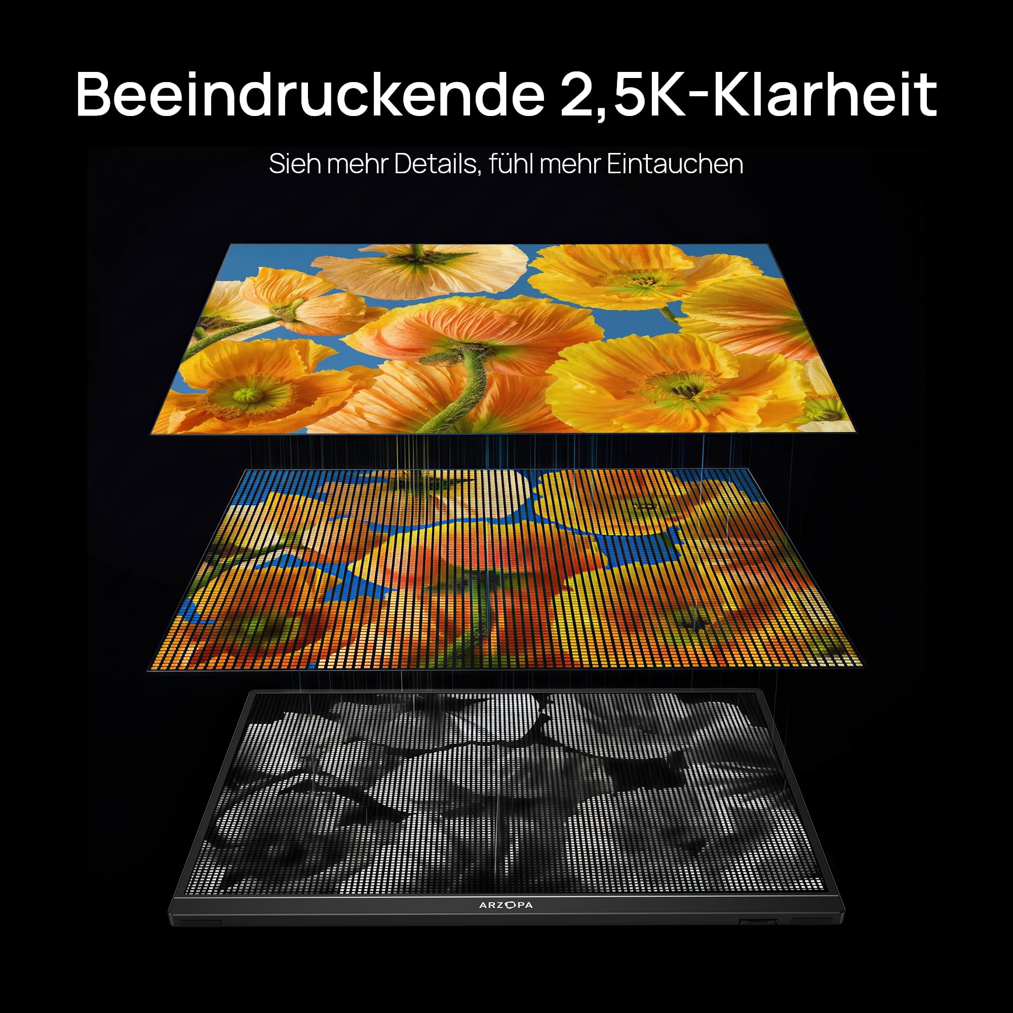 ARZOPA 2.5K Portabeler Monitor, 16 Zoll 2560x1600 HDR 10bit QHD USB-C HDMI Laptop Monitor, 16:10 IPS Augenschutz Externer Zweitbildschirm für Mac PC Phone PS4/5 Xbox Switch