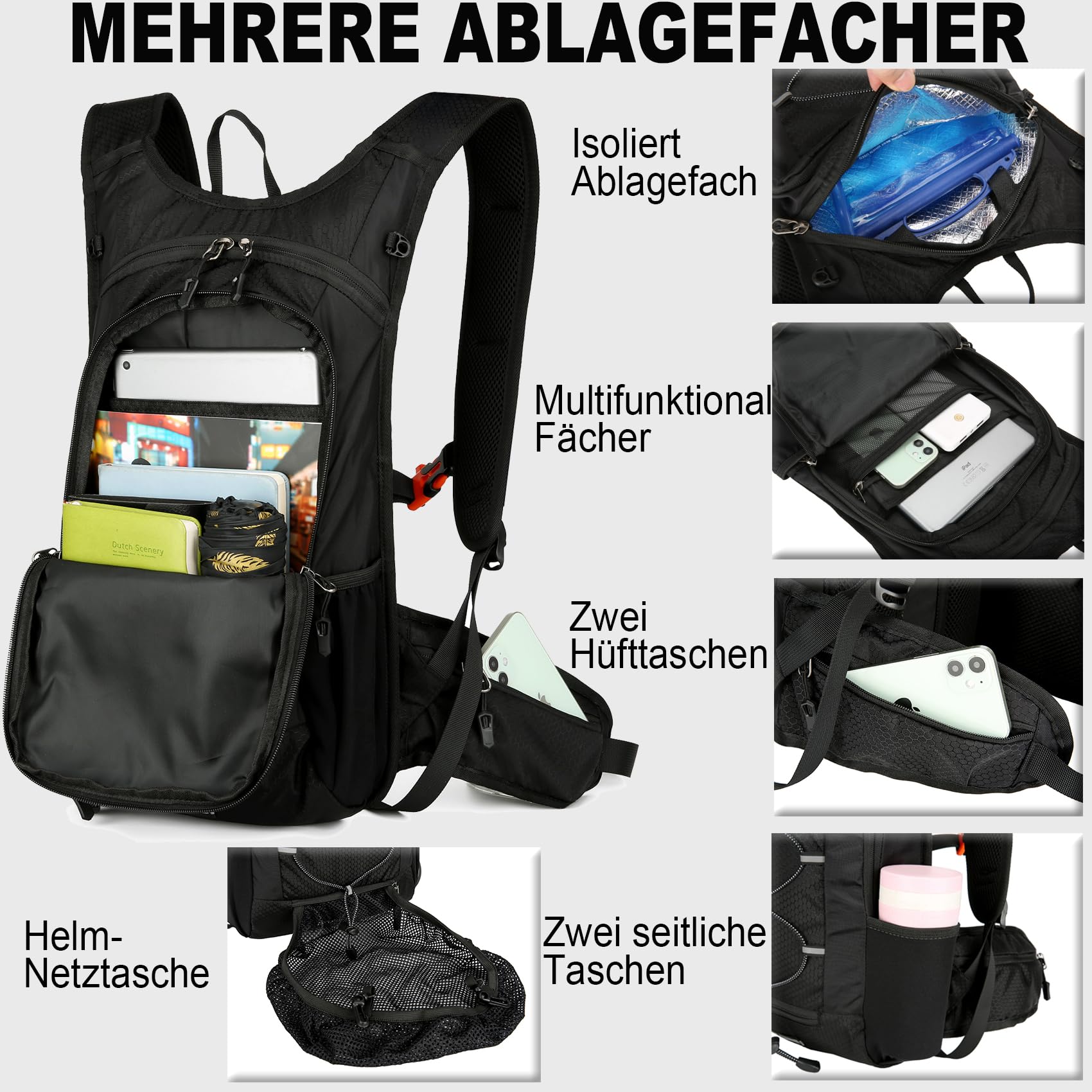 Trinkrucksack Fahrradrucksack mit Trinkblase 2l für Damen & Herren, Leicht Laufrucksack Wasserrucksack 15L MTB Fahrrad Rucksack Klein Wanderrucksack Skirucksack