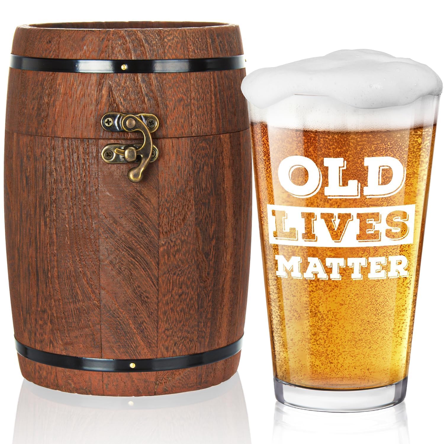 LIGHTEN LIFE Old Lives Matter Beer Glass 16 oz,Unique Old Man Gifts Pint Glass in Valued Barrel Box,Birthday or Retirement Beer Glass Gfit for Dad,Grandpa,Senior Citizen,Old Men