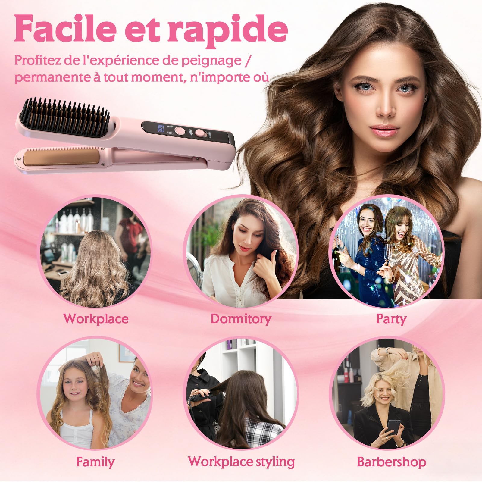 Scettar 2-in-1 Kabellose Glätteisenbürste, Wiederaufladbare Tragbare Haarglätterbürste mit 5000 mAh, Ideal für Reisen, Flacheisen und Bürsten-Kombination für glattes, krauses Styling (Rosa)