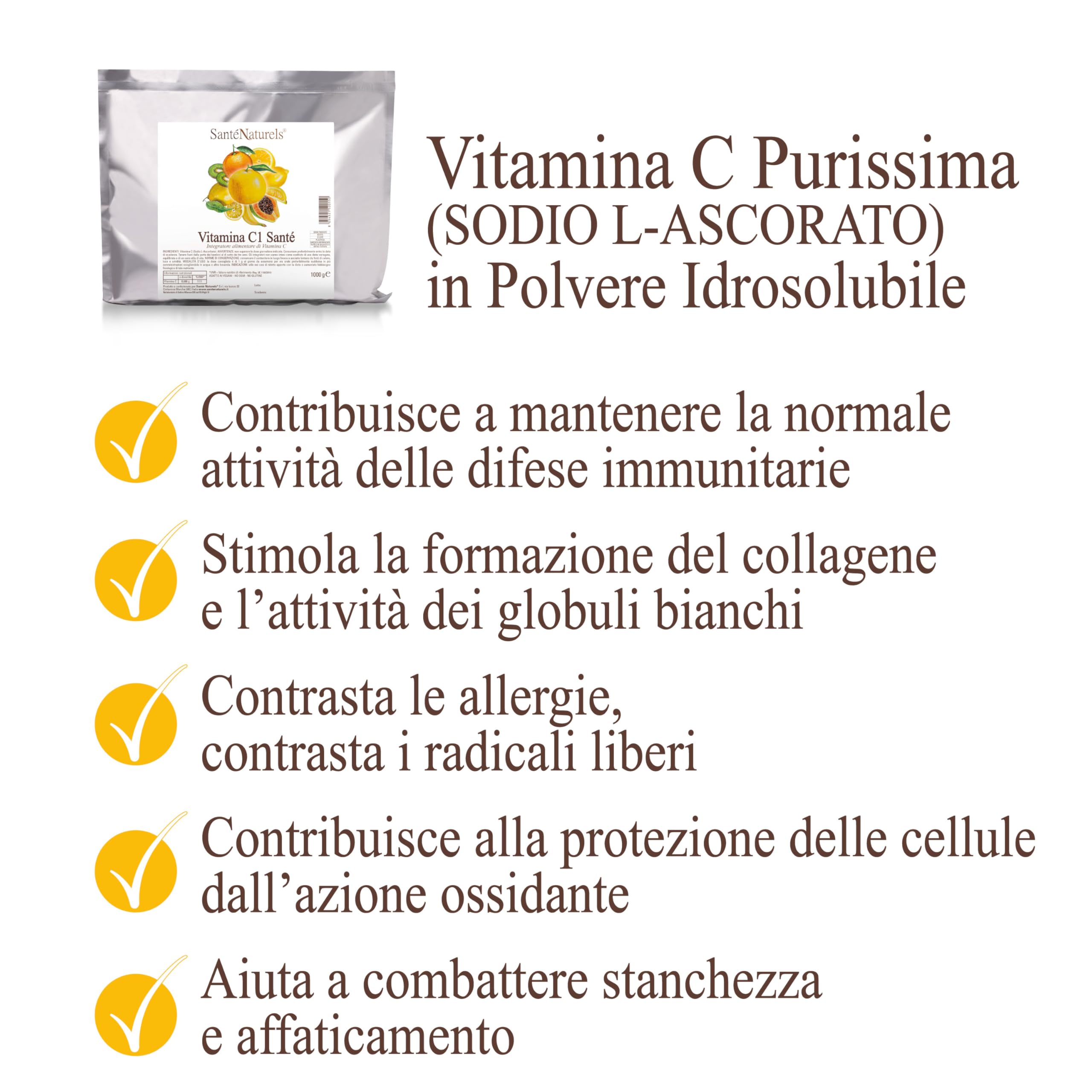 Acido Ascorbico 1kg ● Vitamina C in Polvere Pura Fine e Idrosolubile ● Integratore Alimentare Naturale ● No Ogm, No Lattosio, No Glutine ● Adatto ai Vegani