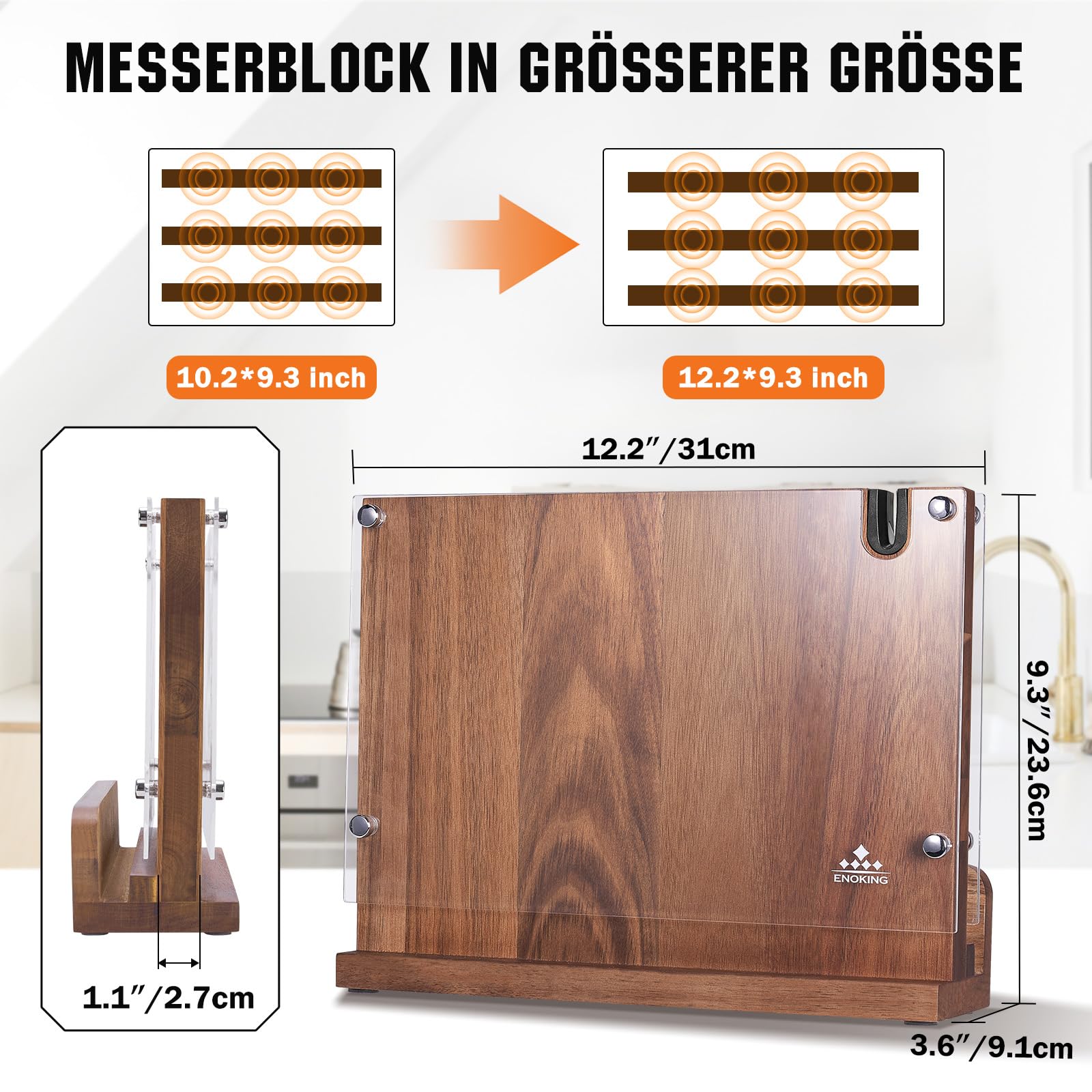 ENOKING Spitzenklasse Plus Messerblock Magnetisch Ohne Messer, Doppelseitiger Magnetischer Messerblock mit Acryl-Schutz, Hochwertiges Magnet Messerhalter, Akazienholz-Messerbrett mit Messerschärfer