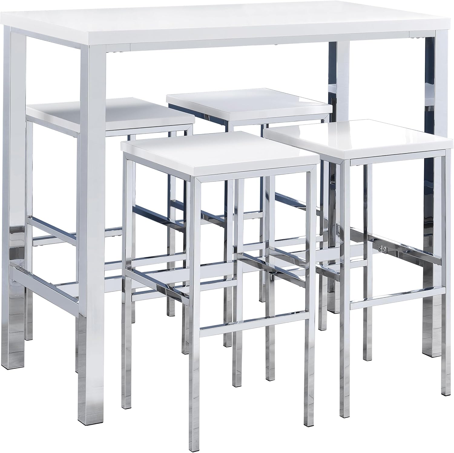 Coaster Home Furnishings - Natividad - 5-Piece Bar Table Set - High Gloss Tabletop, Backless Bar Stools, Metal Legs with Polished Finish - Dining Room and Kitchen - White & Chrome - 182525