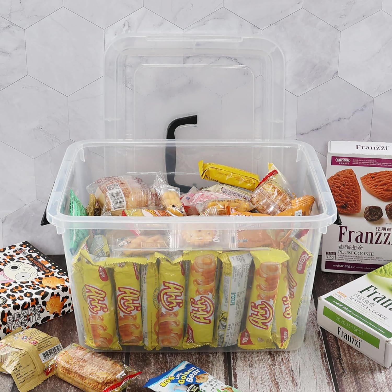 Clear Storage Latch Box 12 L, Plastic Organizing Box/Bin with Lid and Black Handles, 6-Pack