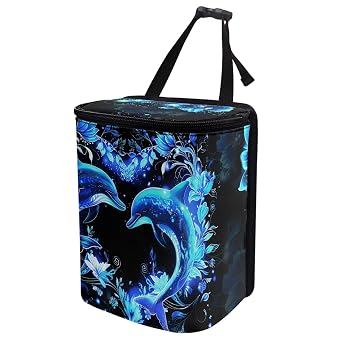 Car Trash Can with Lid Blue Dolphin Flowers Print Cute Car Trash Bag Hanging Automotive Garbage Container Bin for Vehicle, Home, Office