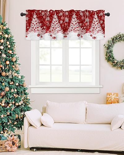 Miniatura 7 de CosyBright Cenefa de ventana de Navidad, diseño de copos de nieve de invierno, diseño de copos de nieve rojos, cenefa de cortina con bolsillo para