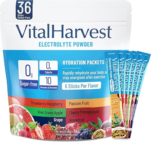 Miniatura 13 de VitalHarvest 36 sobres de electrolitos en polvo de 6 sabores, sobres de hidratación sin azúcar, mezcla de bebida líquida de electrolitos para IV