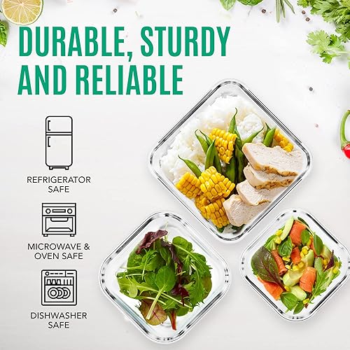 Miniatura 9 de Recipientes de vidrio extragrandes para comida con tapa hermética, 6 piezas [3 contenedores con tapas] aptos para microondas, horno, congelador y