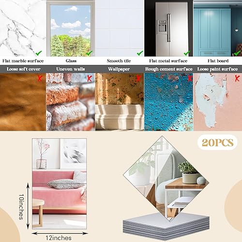 Miniatura 4 de Queekay 20 espejos de gimnasio en casa de 12 x 10 pulgadas, azulejos de espejo autoadhesivos para entrenamiento, sin marco, espejo de pared acrílico