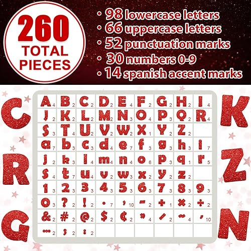 Miniatura 3 de Paquete combinado de 260 letras rojas con purpurina para el aula de 4 pulgadas, con números del alfabeto, tablero de póster con puntos adhesivos,