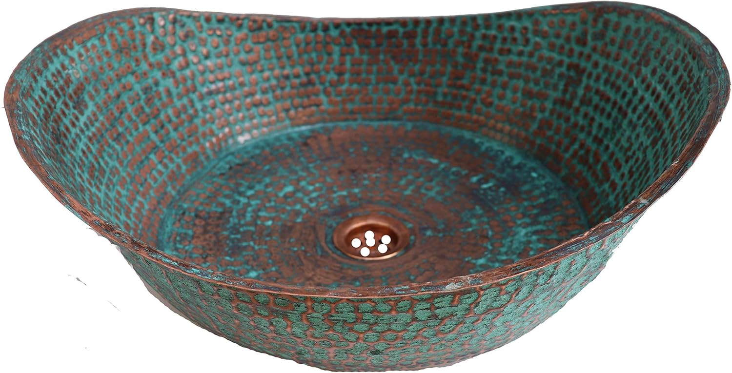Large Rustic Antique Green Copper Bathroom Sink Bathtub Design Vanity Renewal Hand Crafted Natural Firing Patina Wash Basin Bowl Bath Tub Canoe Boat Design Above Counter Installation
