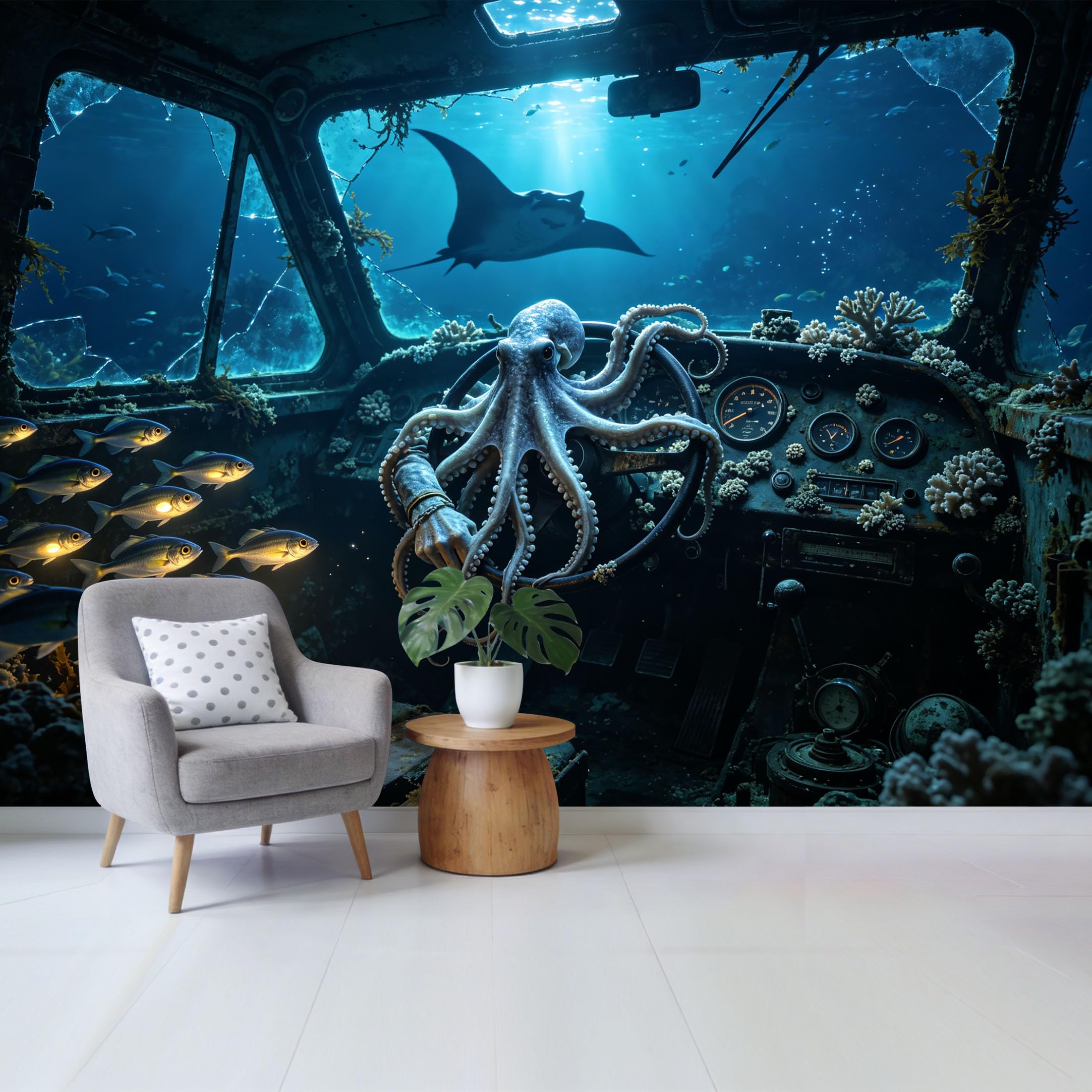 Custom Size Wall Mural Underwater Ocean Scene Octopus Steering Sunken Ship Marine Life Fish Coral Removable Self Adhesive Fabric Home Wall Decor for Living Room Bedroom Bathroom
