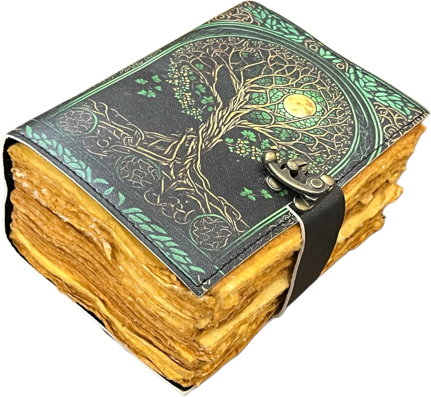 400 Page Fat Grimoire Leather Journal – Tree of Life Embossed Blank Spell Book of Shadows, Vintage Leather Sketchbook, Celestial Writing Notebook Gifts for Him & Her