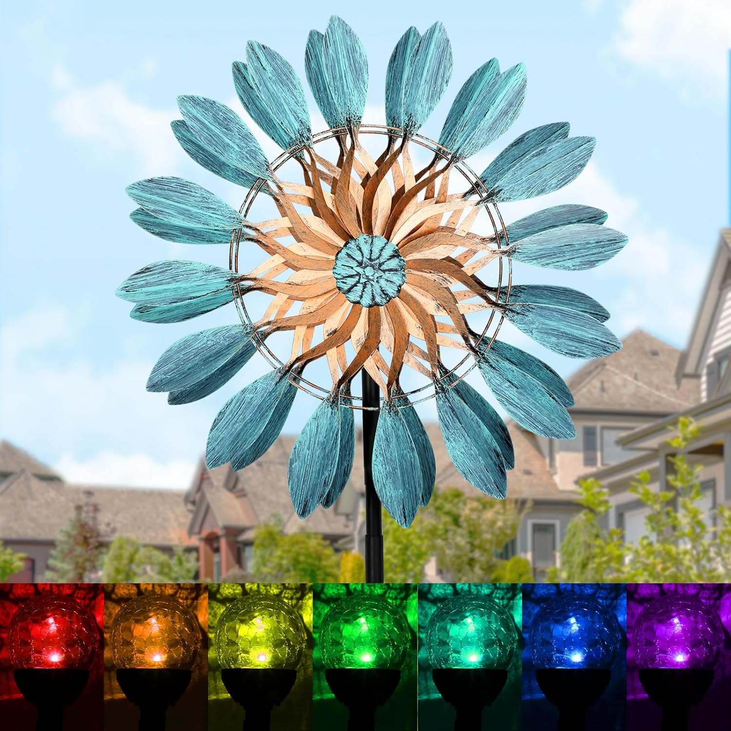 Solar Wind Spinners Outdoor, 84 Inch Large Outdoor Metal Wind Spinners with Colorful Light, Garden Decor Yard Art Windmills for Patio and Lawn, Ideal Gift for Family