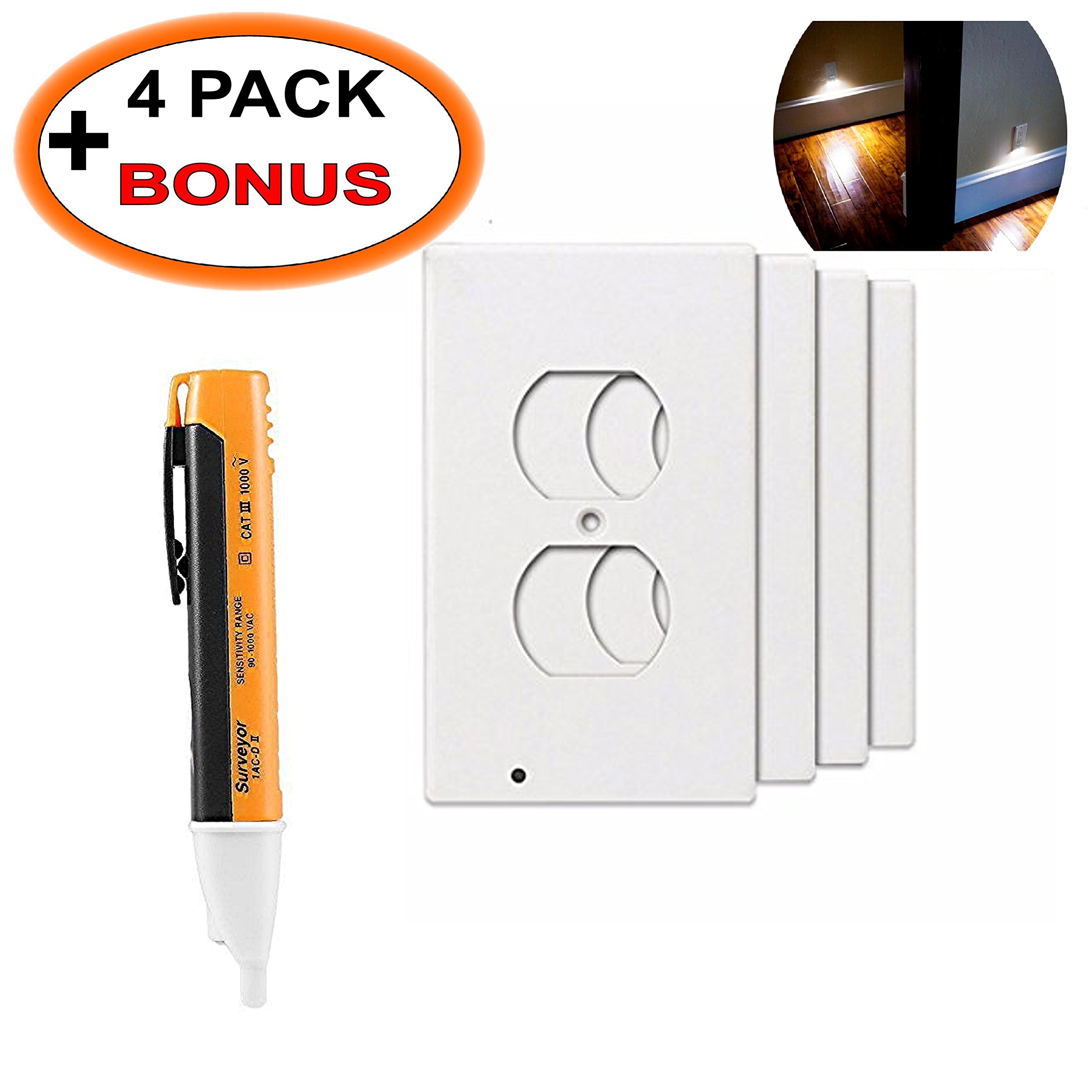 Guidelight Outlet Wall Plate With LED outlet Night Light - outlet lights (Duplex outlet,White) (4 Pack)+ bonus Non-Contact Voltage Detector Electric Tester Pen with nightlight