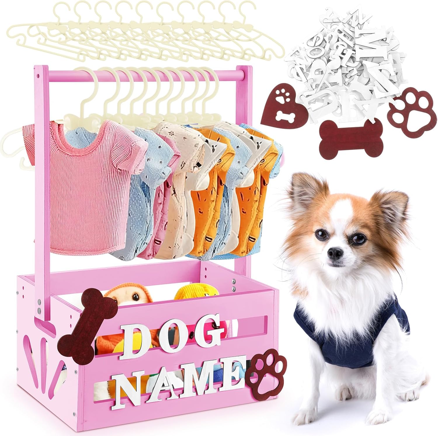 20" x 13" x 9" Wooden Dog Closet Pet Wardrobe Crate Box with Hanging Rods and Personalized Alphabet Letters Easy Assembly Baskets for Dog Cat Toys Clothes Accessories(Pink)