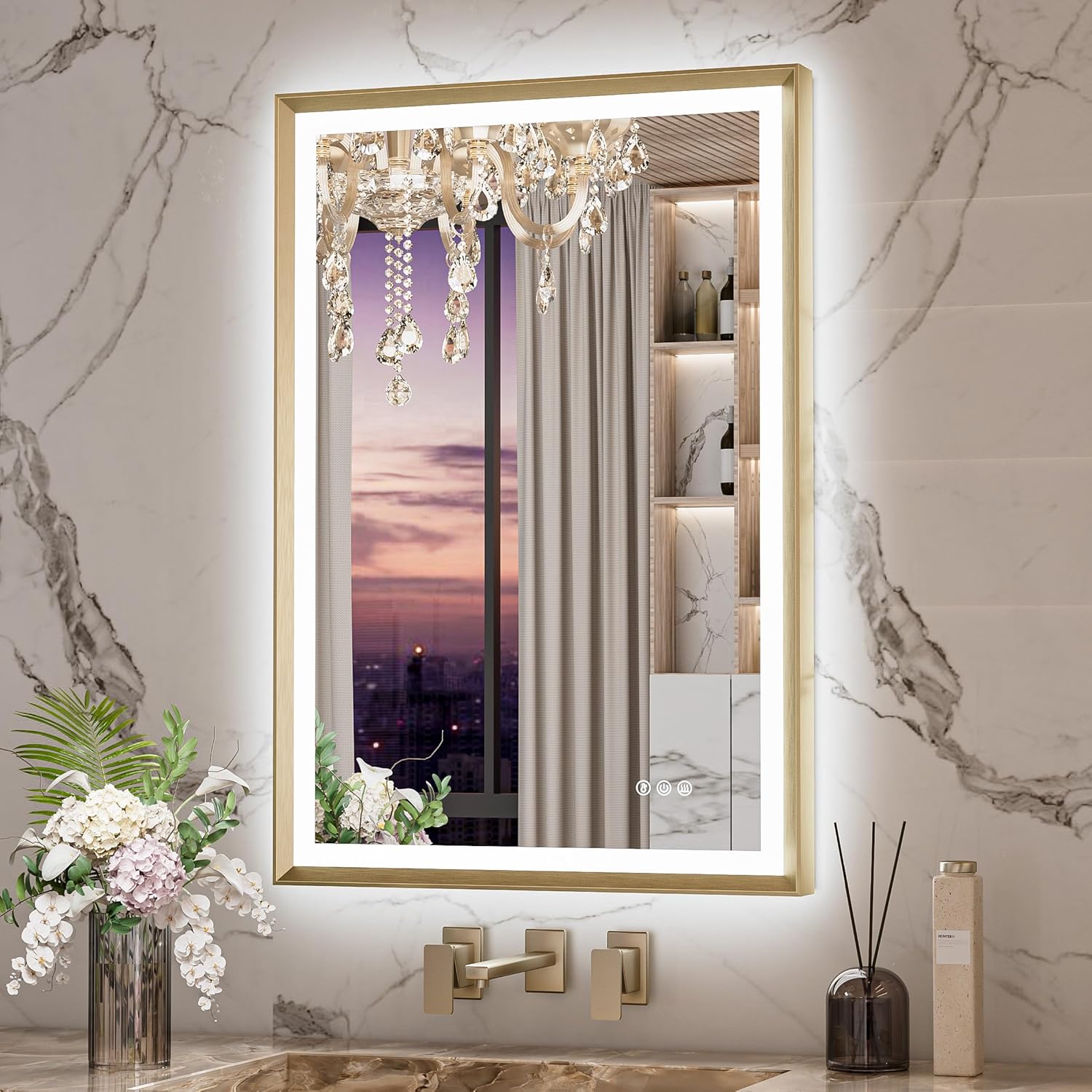 Keonjinn Gold LED Bathroom Mirror 24 x 36 Inch with Frontlit Backlit Lighted Mirrors Metal Framed for Wall