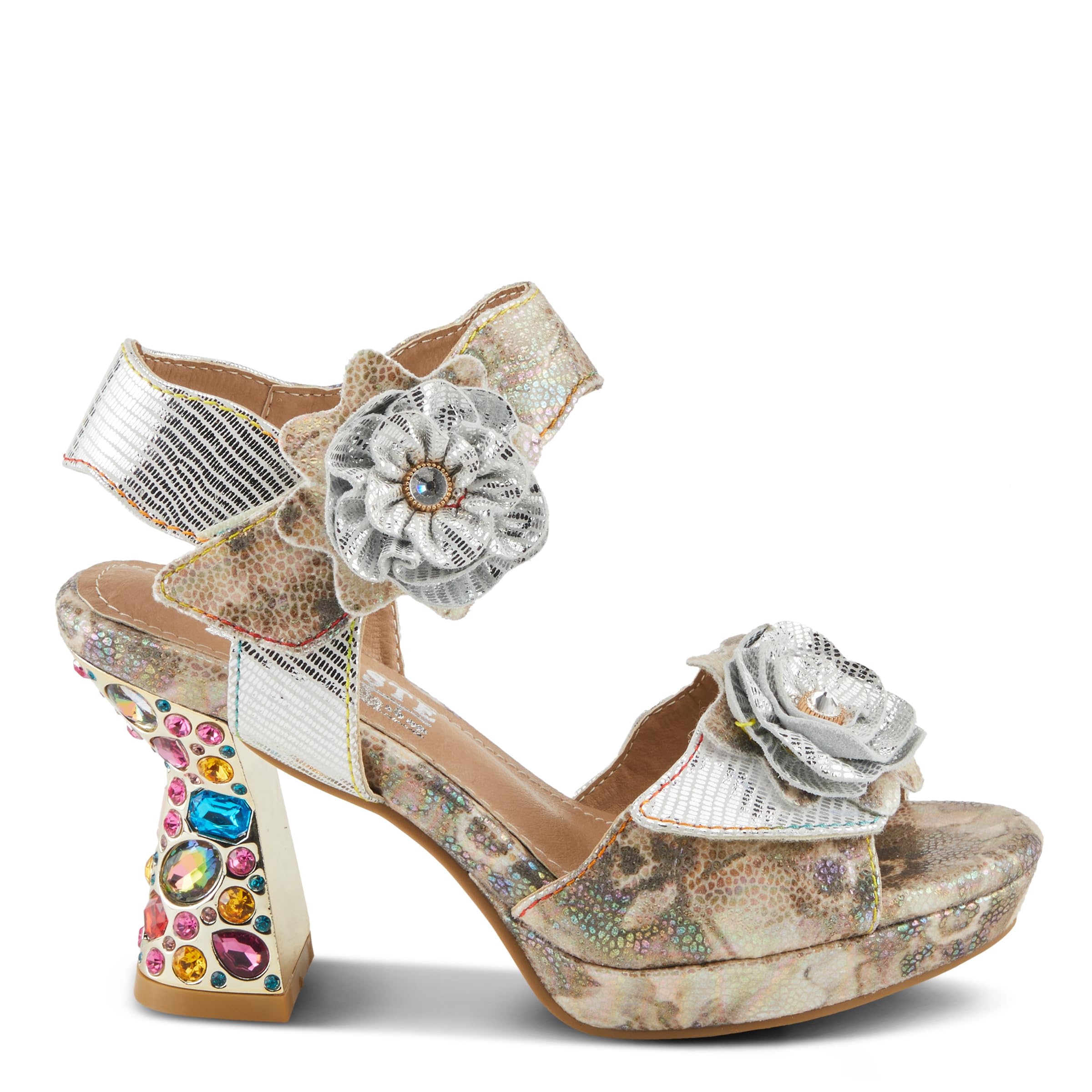 Spring Step L'Artiste Women's SMASHING Metallic Leather Sandals - Opulent Decorative Flowers, Sculpted Jewel Heel, Wearable Art Footwear