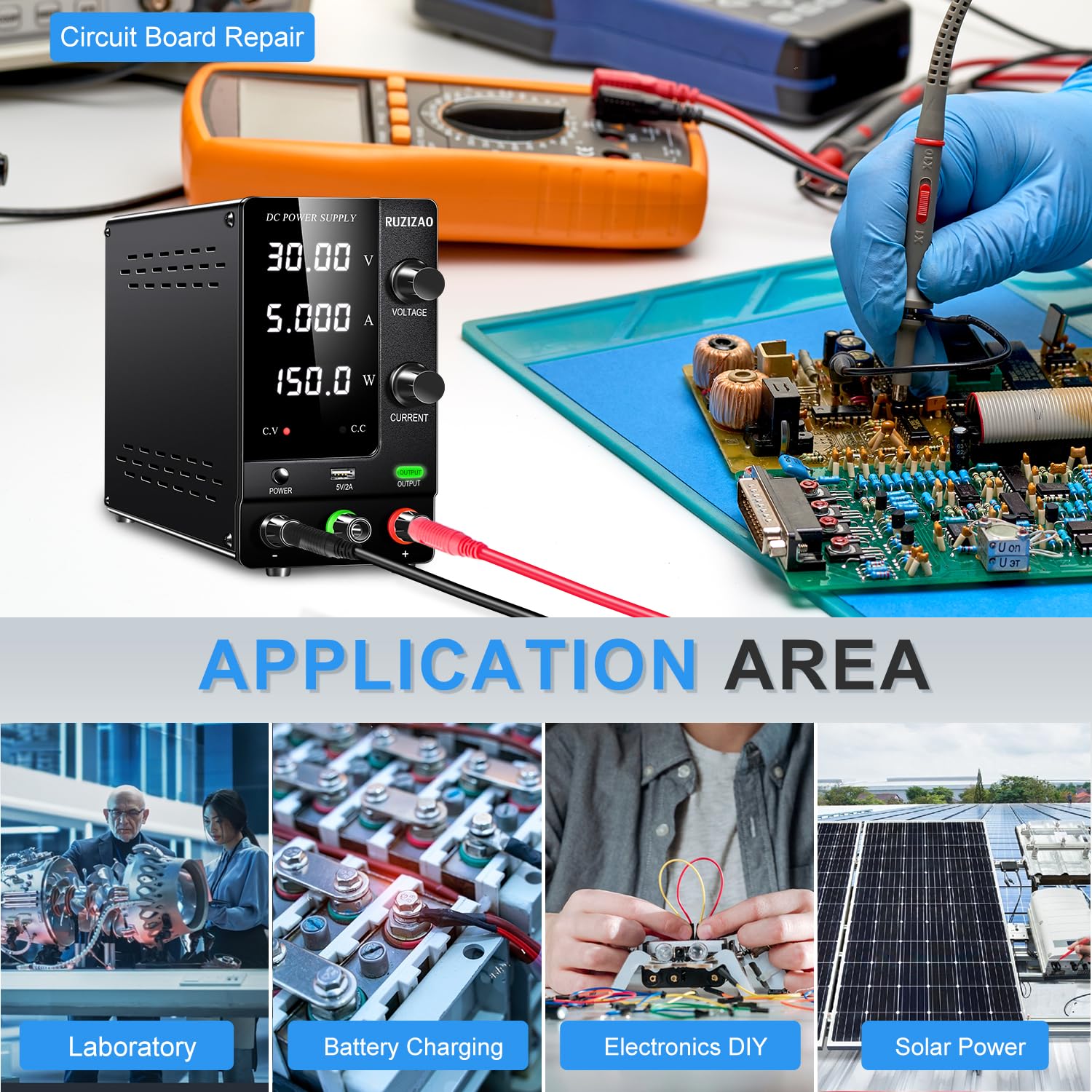 Alimentation Laboratoire 30V 5A, Alimentation Stabilisée Réglable avec Interrupteur de Sortie/Encodeur, Alimentation de Laboratoire avec Affichage LED à 4 Chiffres et Port de Charge USB 5V/2A